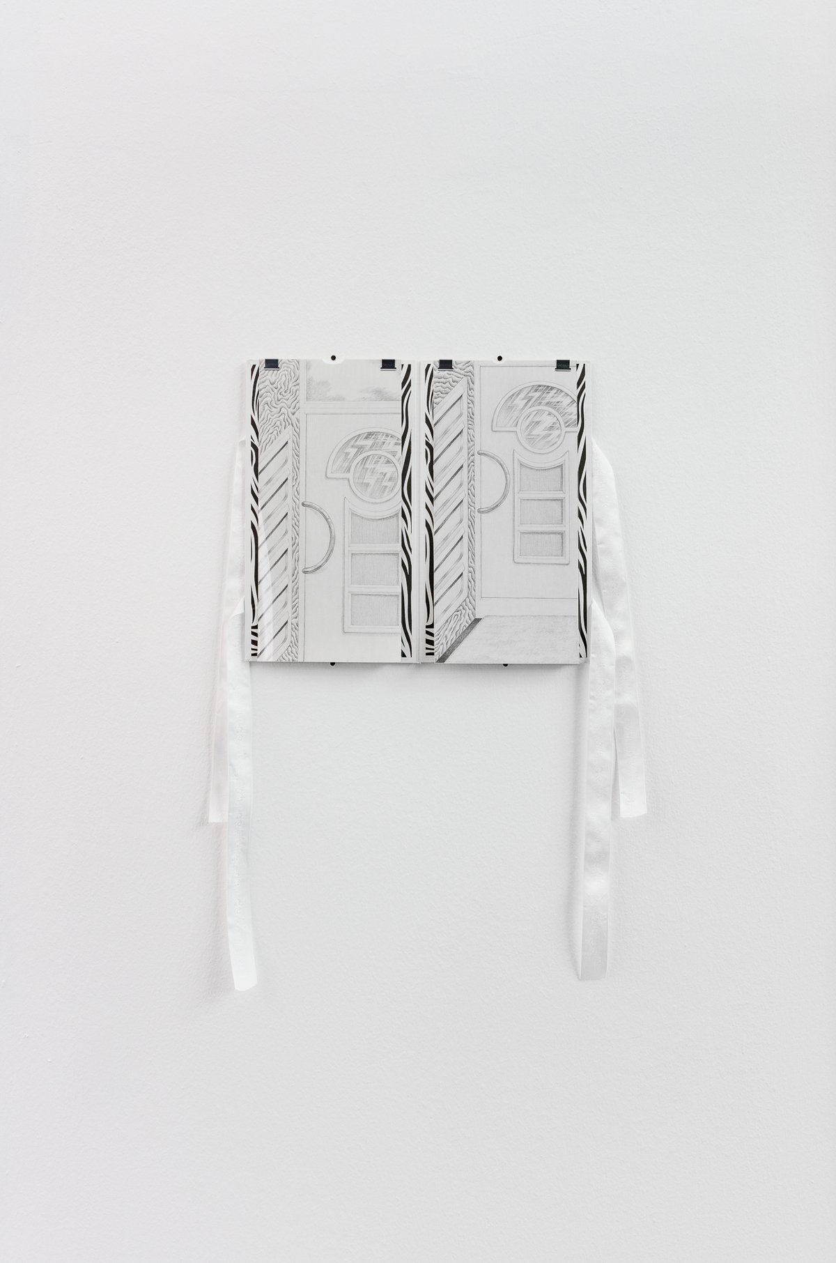 Yong Xiang LiWhite portfolio with zebra lining (neighbourhood watch), 2021Pencil on paper, cardboard, chelsea bookcloth, zebra print paper, floral synthetic ribbon, acetate, paper clip34 x 38 cm