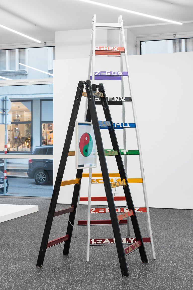 Stano FilkoLadders in chakra colours, 1995 - 2000Found objects, acrylic, wood, metal, paperVarious dimensions