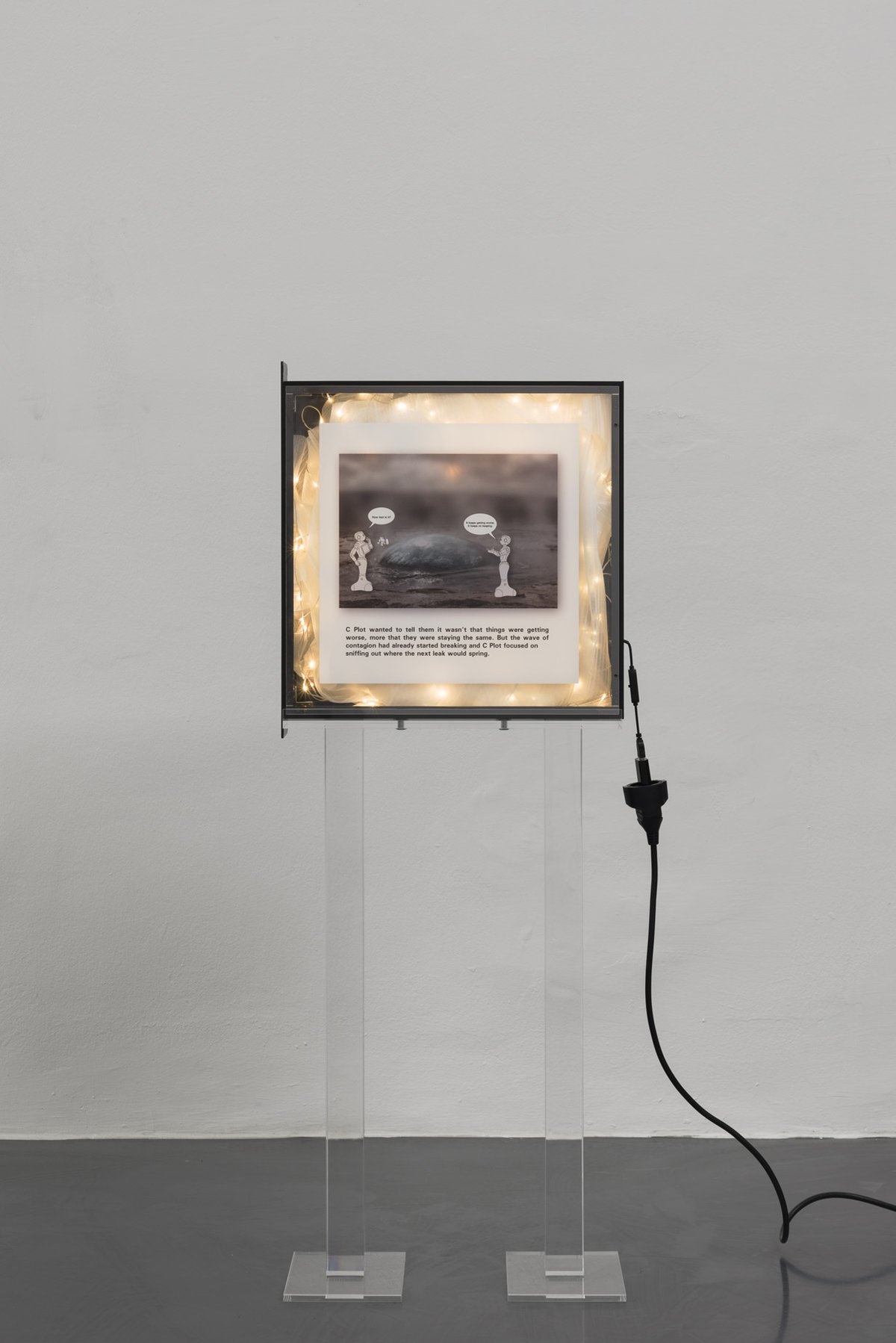 Cécile B. EvansTest card II, 2016Custom acrylic stands, anodized server case, UV media print on acrylic, foam gauze, LED light wire, cables118.5 x 44 x 20 cm