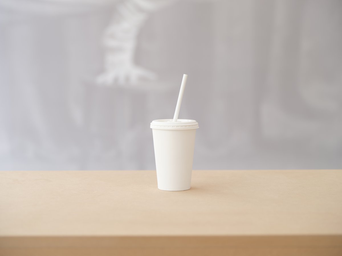 Installation view, Gaylen Gerber, Support, n.d. oil paint on Culver’s restaurant chain disposable paper soft drink cup with plastic lid and straw, United States, 21st century, 22 x 9 x 9 cm (8¾ x 3½ x 3½ inches)