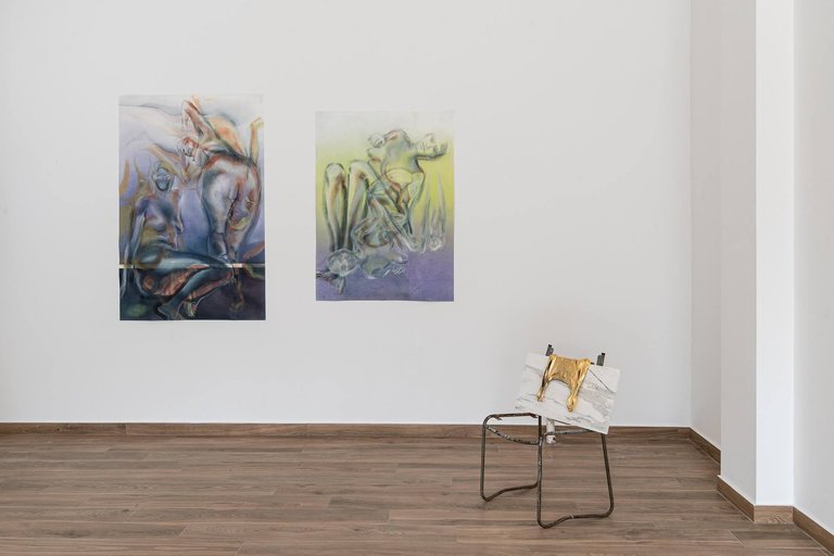 Evelyn Plaschg (foreground: Vasilis Papageorgiou)On Heavy Rotation, 2020Installation viewCallirhoe, Athens