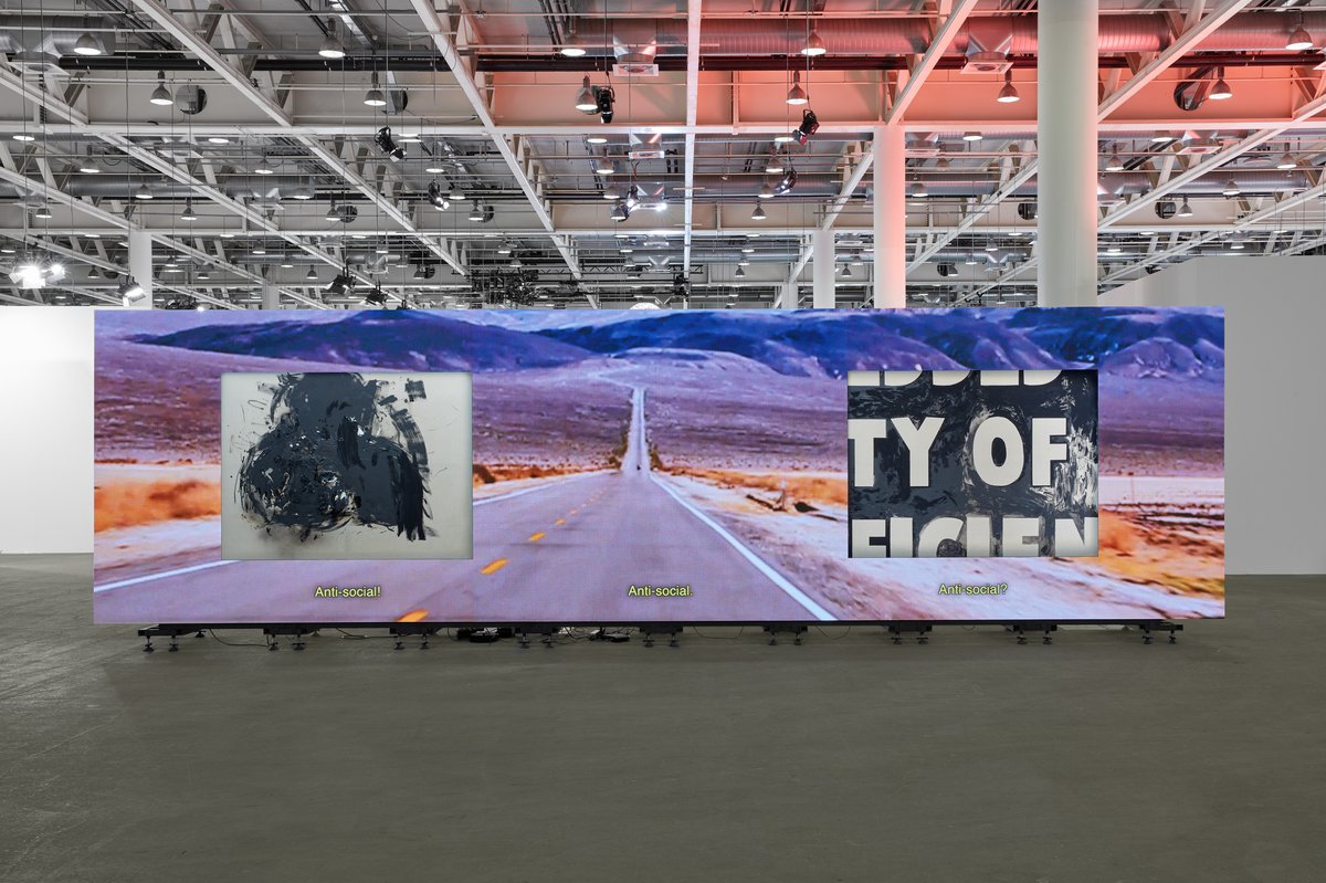 Philipp TimischlThe embedded mentality of self-sufficiency, 202166 LED screen panels, 2 paintings (mixed media on canvas), metal mounting system, media player, 10:00 min video loop900 x 300 x 100 cmArt Basel Unlimited, Basel, 2021