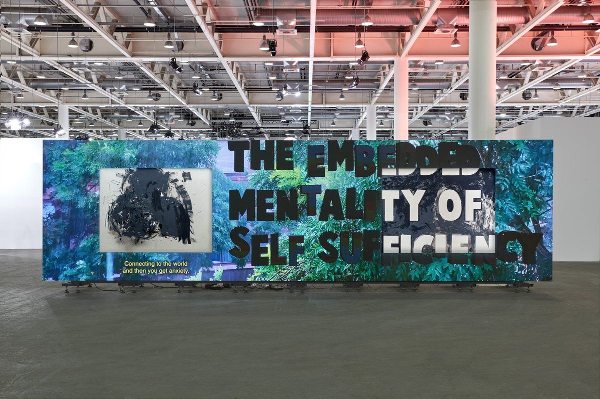 Philipp TimischlThe embedded mentality of self-sufficiency, 202166 LED screen panels, 2 paintings (mixed media on canvas), metal mounting system, media player, video loop 300 x 900 x 100 cm