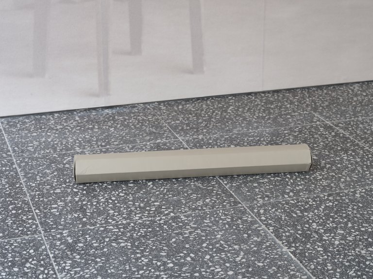 Installation view, Gaylen Gerber Support, n.d. oil paint on The Toy, Charles Eames, Tigrett Enterprises, United States, 1951, cardstock, plastic coated paper, wooden dowels, pipe cleaners, printed paper, (unused) 76 x 9 x 9 cm (30 × 3½ x 3½ inches)