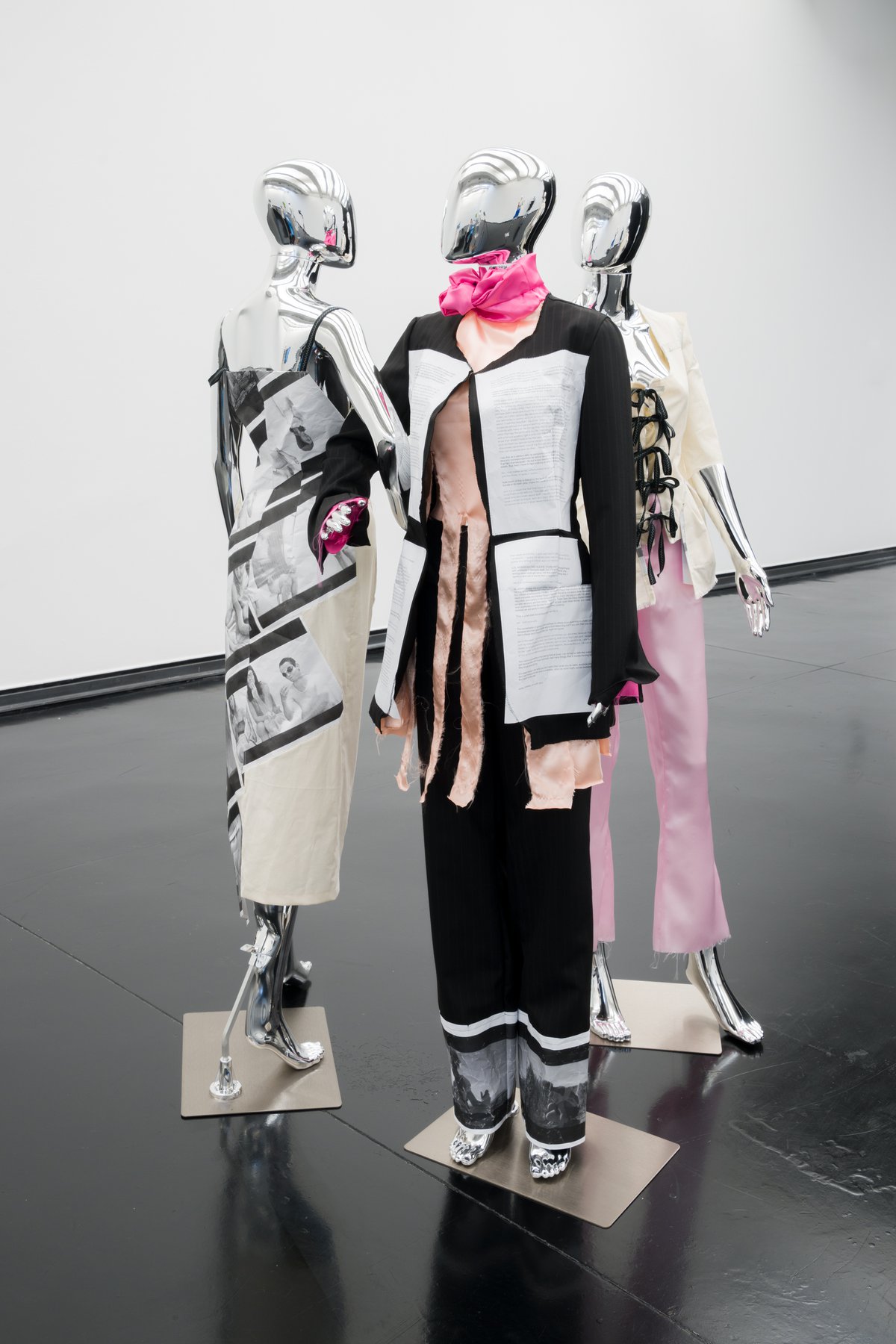 Anna-Sophie Berger and Teak RamosSomething for Everyone, Everything for No One, 2021Ten looks composed of black and white laser prints on A4 paper, polyester, tailoring cotton, organza, suit fabrics, zippers, thread, chrome mannequins