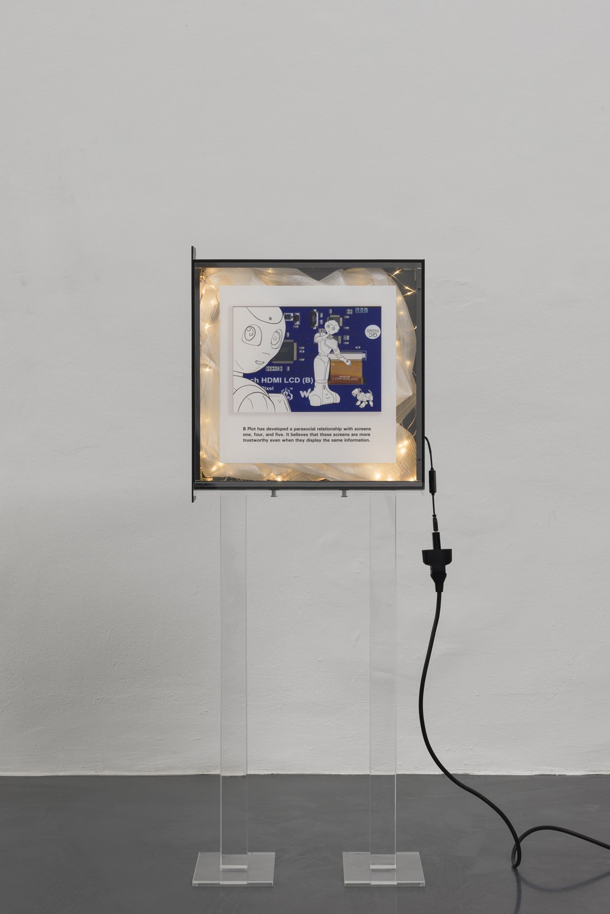Cécile B. EvansTest card V, 2016Custom acrylic stands, anodized server case, UV media print on acrylic, foam gauze, LED light wire, cables118.5 x 44 x 20 cm