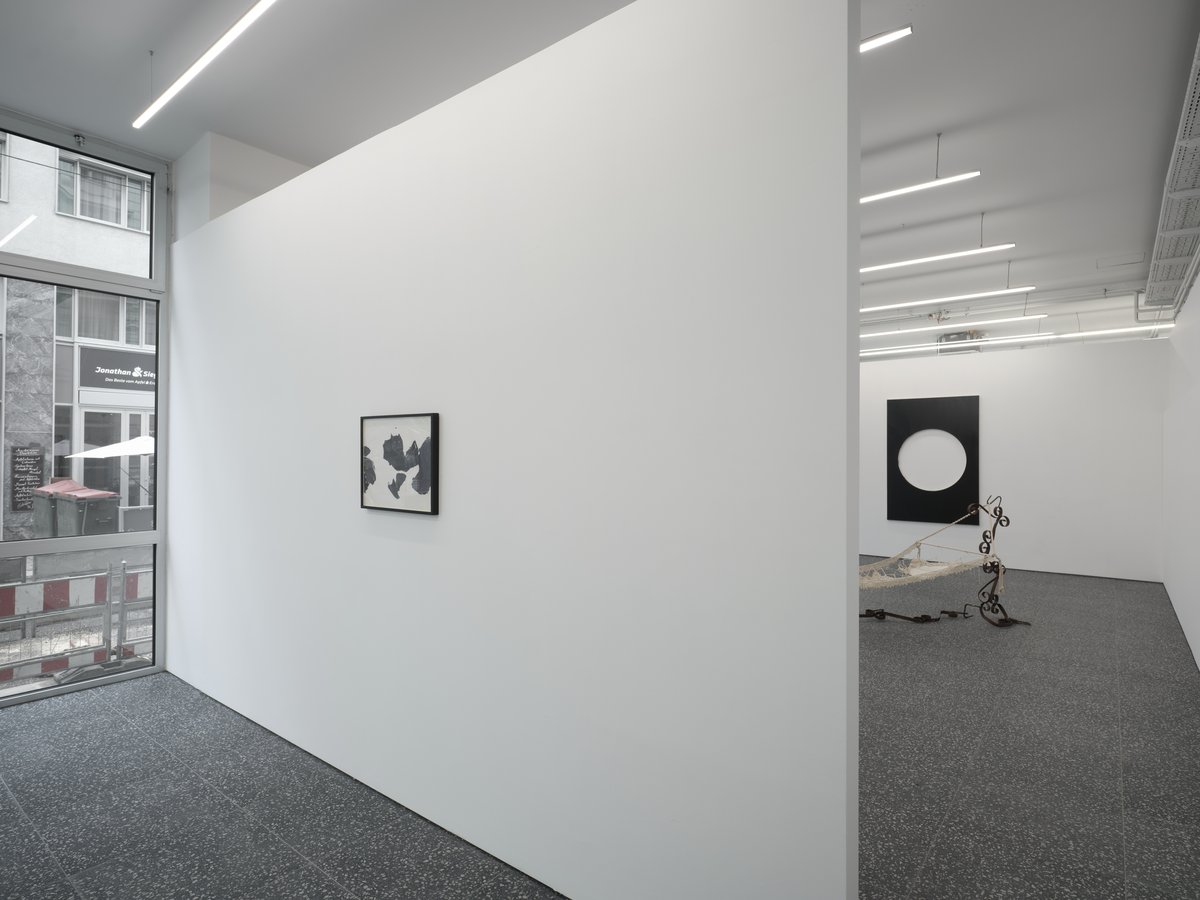 Installation view, Support, Curated By, Gaylen Gerber, Layr, Vienna, 2024Left to right: James Welling, Untitled No. 45, 1984 (printed 1986), gelatin silver print and frame, 42.5 x 52.5 x 3 cm (16 ¾ x 20 5/8 x 1 ¼ inches); Lisa Danielle DeAbreu, Forgotten &amp; Foreseen, 2024, found wrought iron garden gates, cotton thread and thrifted doilies, dimensions vary with installation - approximately 129.5 x 365.7 x 116.8 cm (51 x 144 x 46 inches); Steven Parrino, Freud in Flop, 1987, lacquer on cotton, 180 x 120 cm (70 ¾ x 47 ¼ inches)