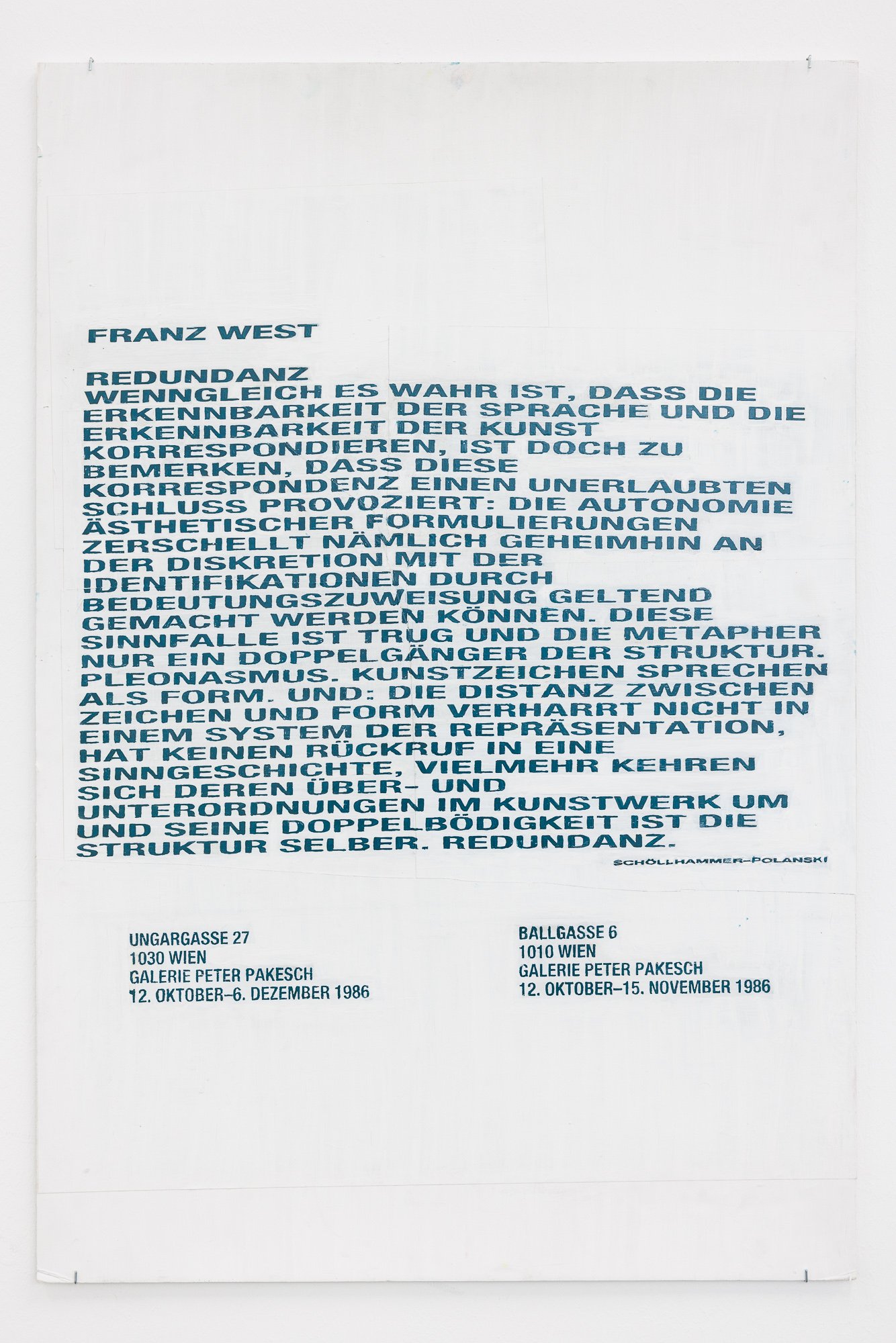 Franz WestPlakatentwurf (Franz West, Redundanz), 2000Collage, copy, colour on foam board 101.5 x 68 cmCourtesy Franz West Privatstiftung © Archiv Franz West / Estate Franz West