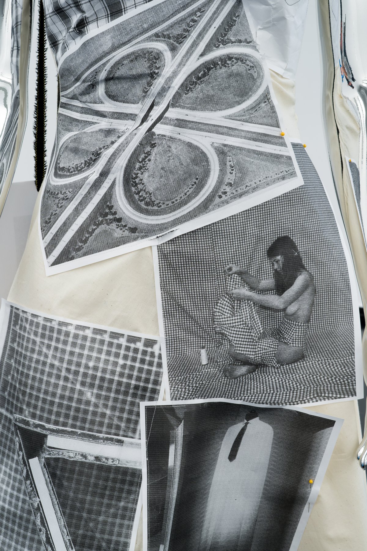 Anna-Sophie Berger and Teak RamosSomething for Everyone, Everything for No One, 2021Ten looks composed of black and white laser prints on A4 paper, polyester, tailoring cotton, organza, suit fabrics, zippers, thread, chrome mannequins, Detail view