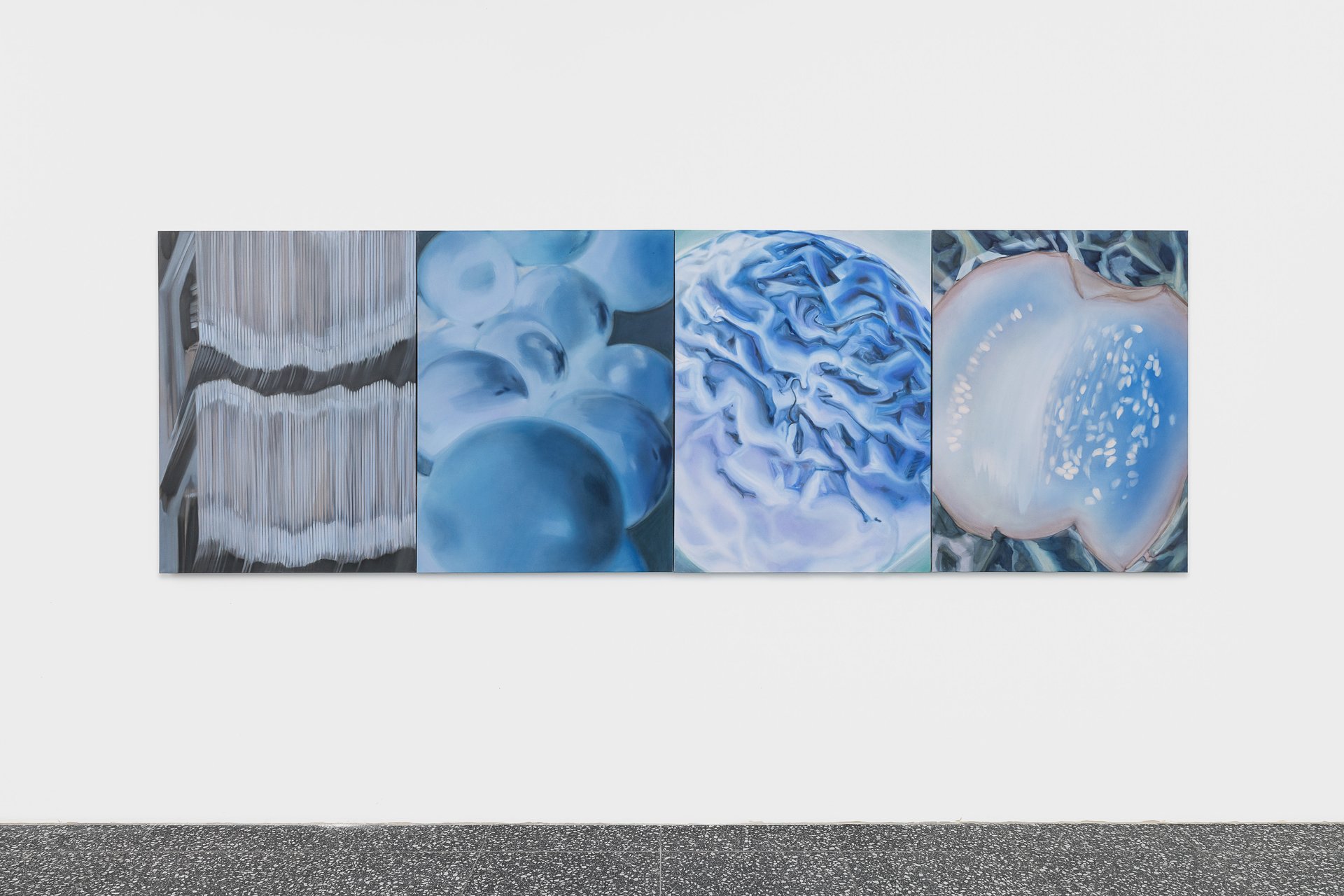 Evelyn Plaschg, Teeth (A), Paint Pearls (B), Brains (C), Glyphs (D) (left to right), 2025Oil on canvas120 x 90 cm (each)