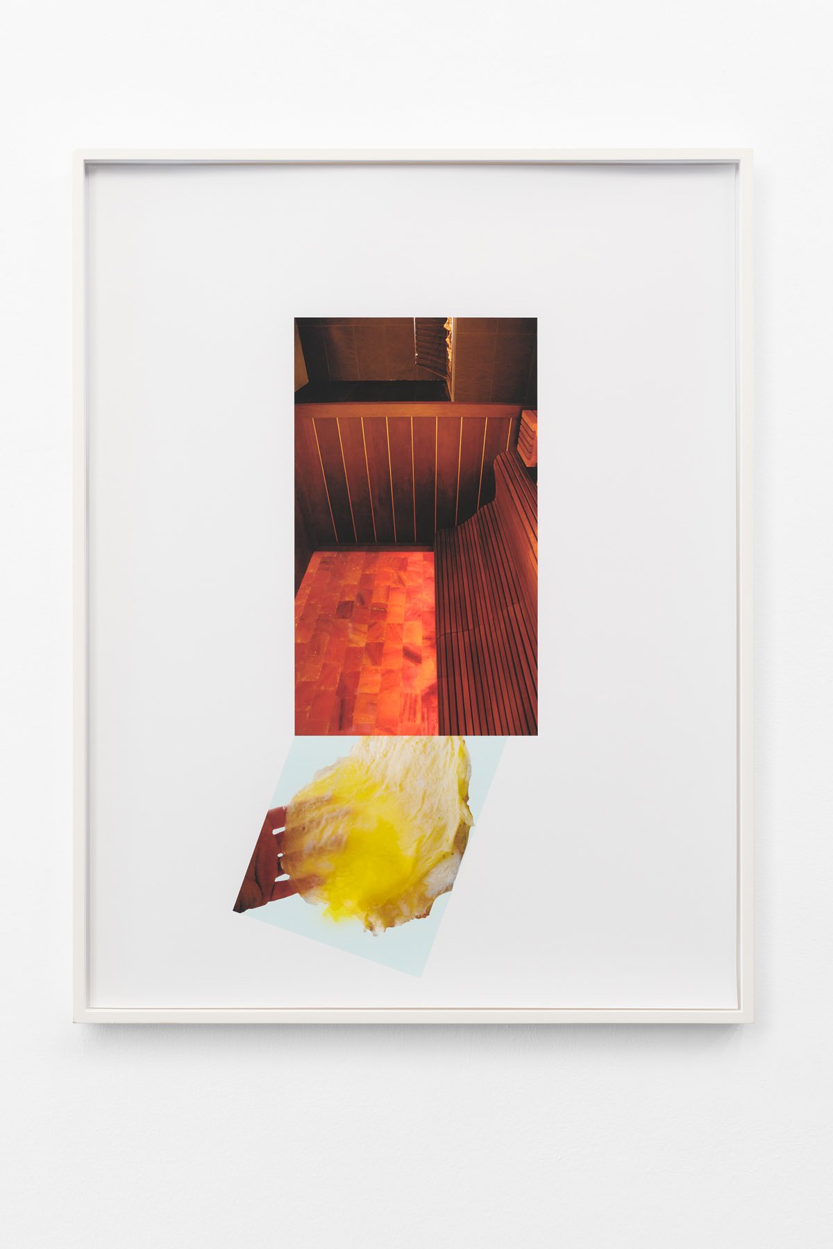 Lisa HolzerOmelette passing under Sauna, 2015Pigment print on cotton paper, acrylic paint on glass92 x 72 cm