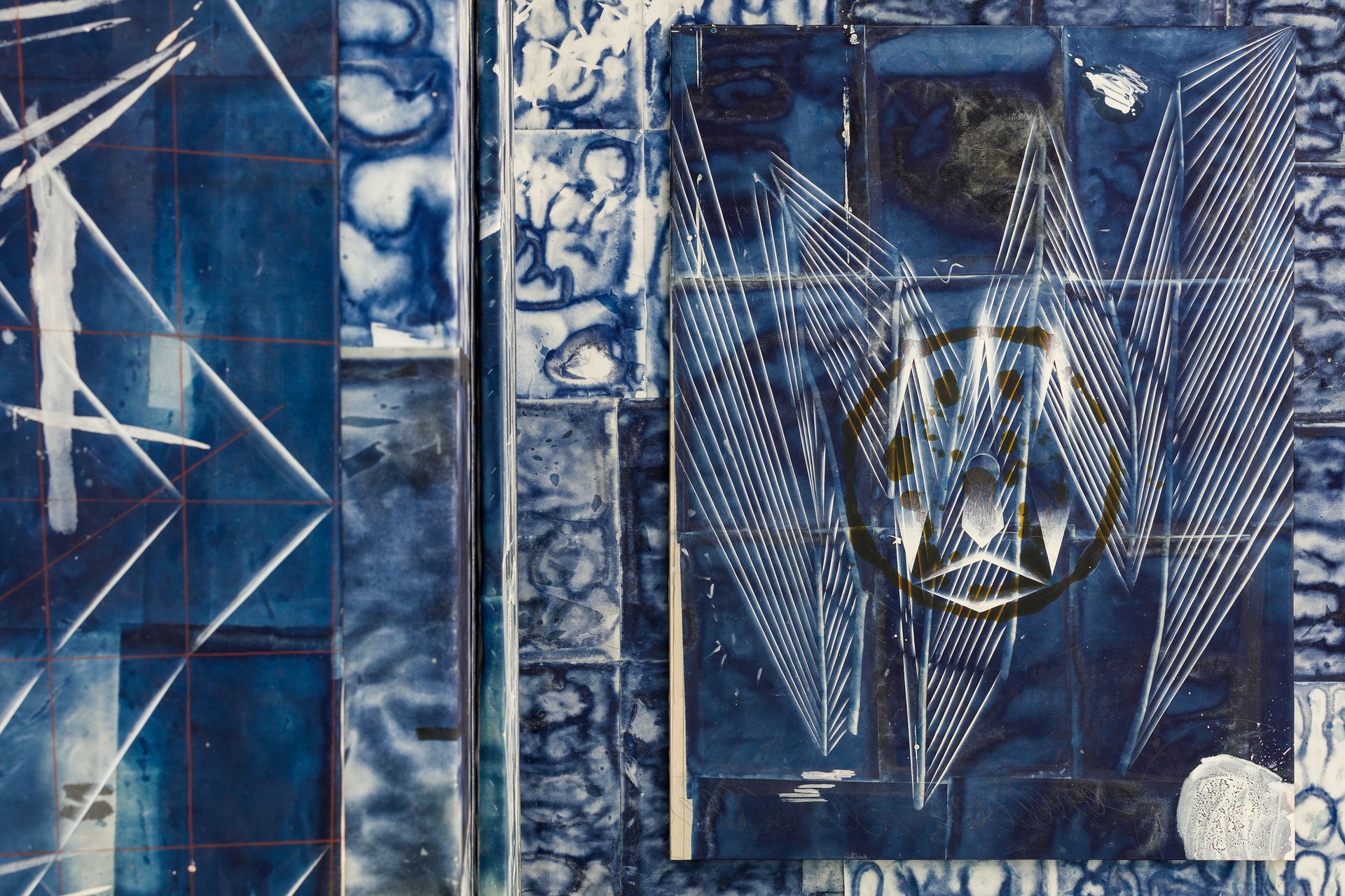 Tillman KaiserThis, 2021Oil on cyanotype on paper &amp; canvas200 x 150 cm