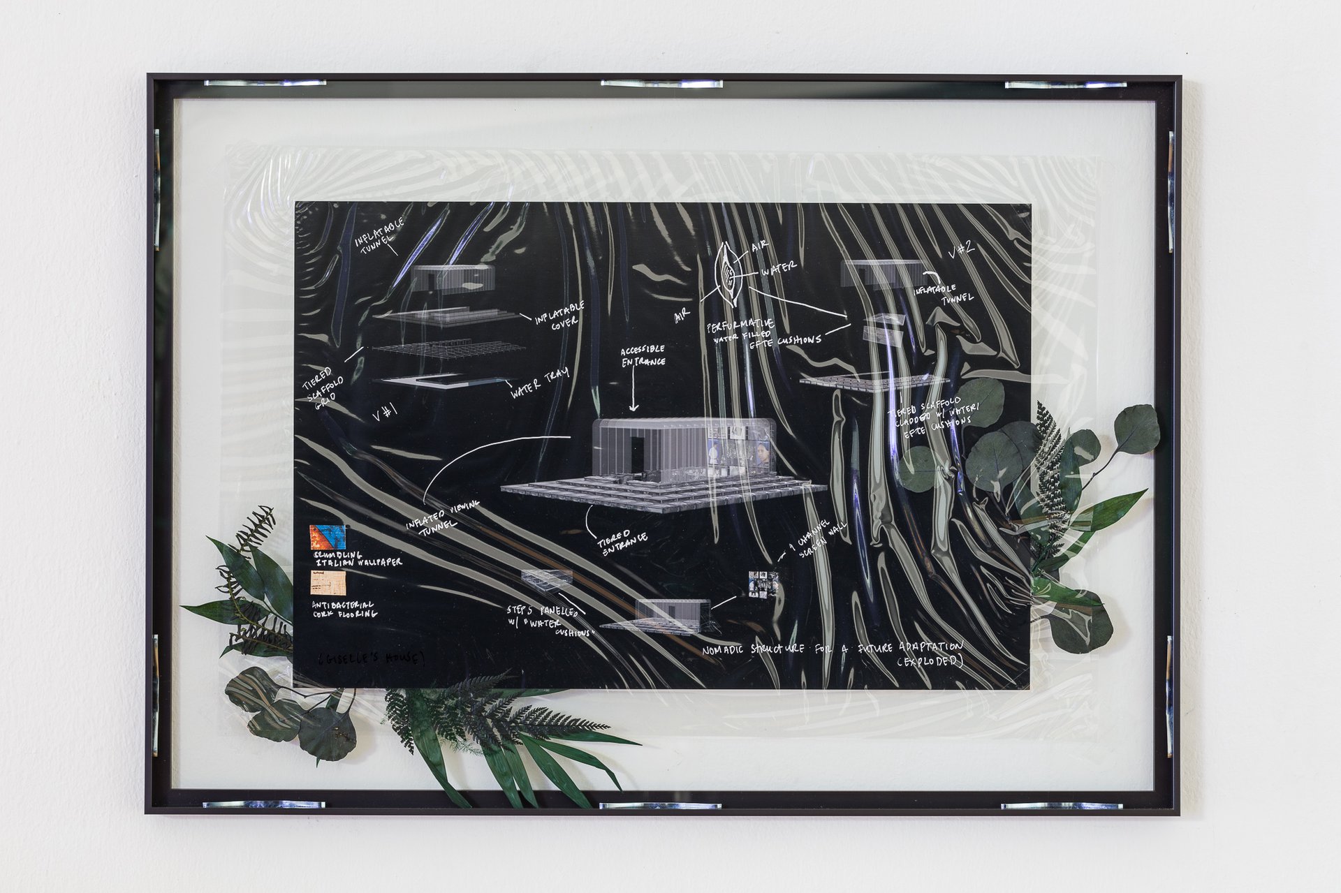 Cécile B. EvansNomadic Structure for a Future Adaptation (Exploded [Giselle&#x27;s House]), 2021C-type print, cellulose biofilm, paint, preserved plants, vintage Italian wallpaper, glass70 x 50 cm