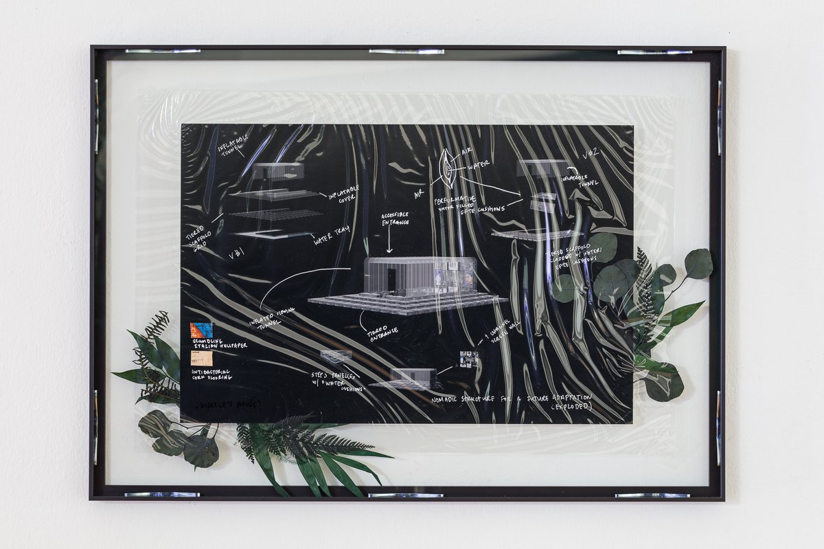 Cécile B. EvansNomadic Structure for a Future Adaptation (Exploded [Giselle&#x27;s House]), 2021C-type print, cellulose biofilm, paint, preserved plants, vintage Italian wallpaper, glass70 × 50 cm