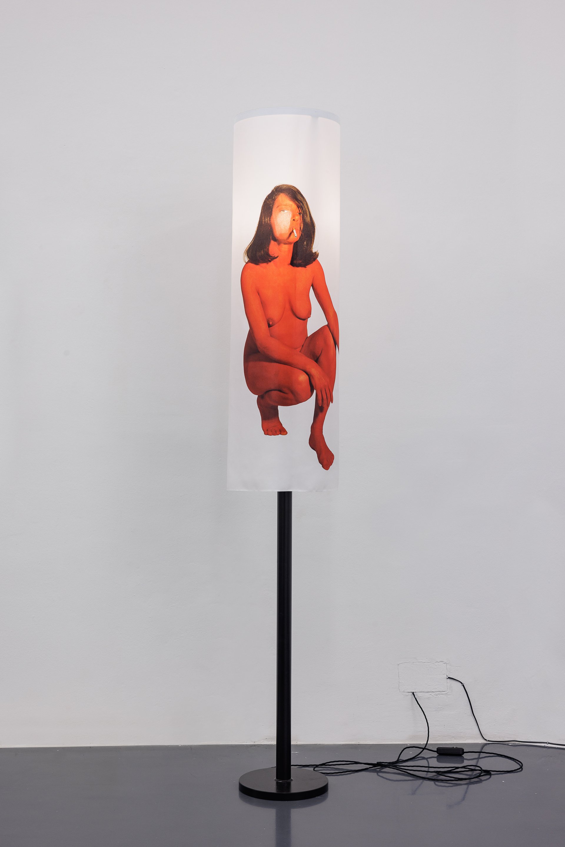 Lili Reynaud-DewarI invited men into my hotel room and asked them very personal questions about their lives, 2022Lacquered metal, printed silk, light bulb214.5 x 30 (d) cm