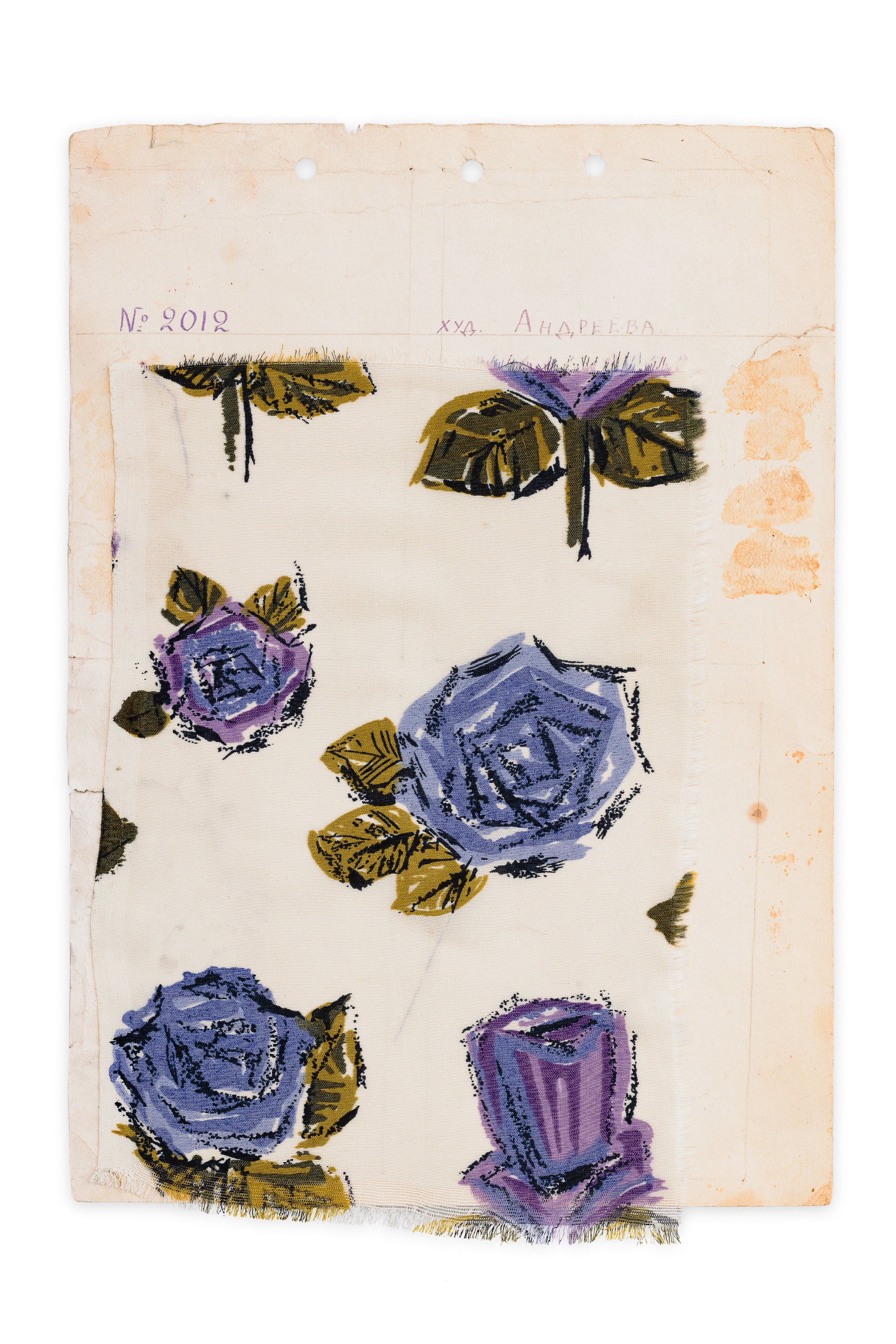 Anna AndreevaBlue Roses fabric and Pattern Passport, 1960sInk on paper, silk textile30 x 21.5 cm