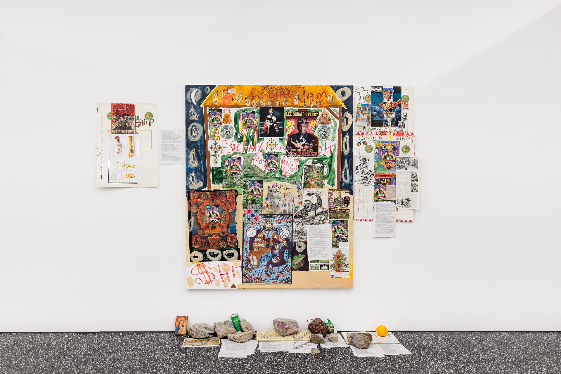 Lee Scratch PerryNativity Painting (Regae Jam), 2018Collage and acrylic on canvas170 x 140 cm (with floor and wall installation)Courtesy suns.works / The Visual Estate of Lee Scratch Perry