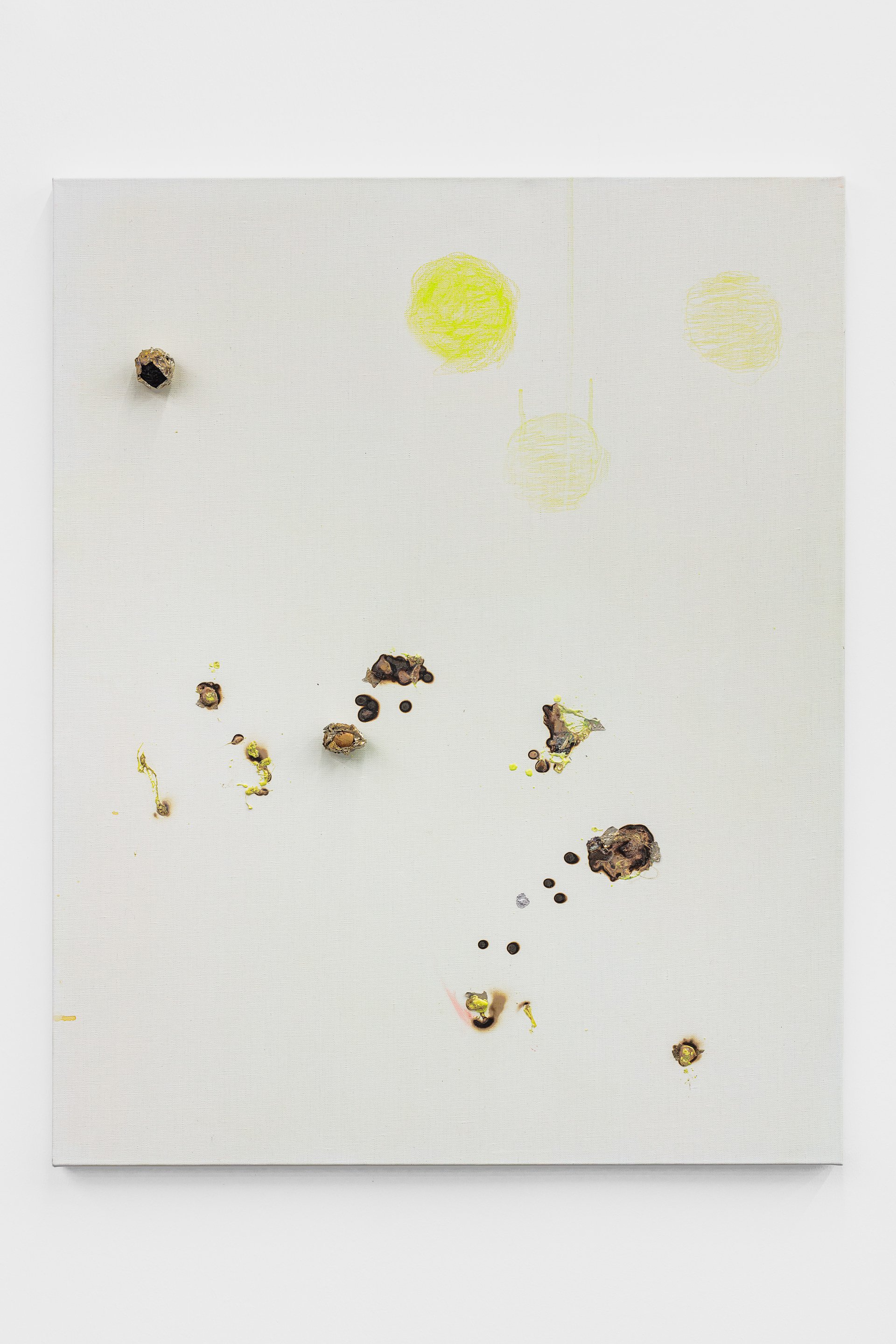 Josef StrauSpheric Something, 2023Sulfur, tin, pencil, acrylic, stone magnets on linen100 x 80 x 6 cm