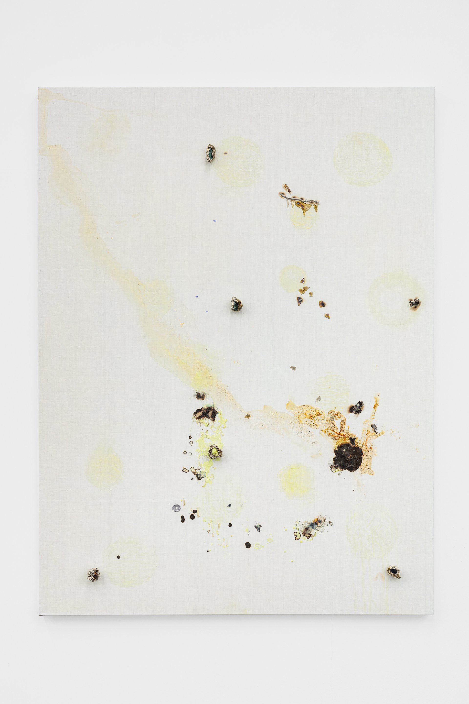 Josef StrauAleatoric Blur, 2023Sulfur, tin, pencil, acrylic, stone magnets on linen160 x 120 x 6 cm