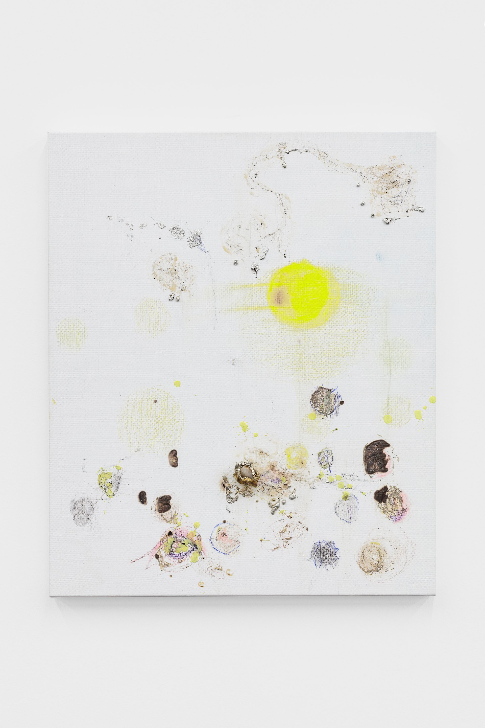 Josef StrauGravity Sphere, 2023Sulfur, tin, pencil, acrylic, stone magnets on linen60 x 50 x 6 cm