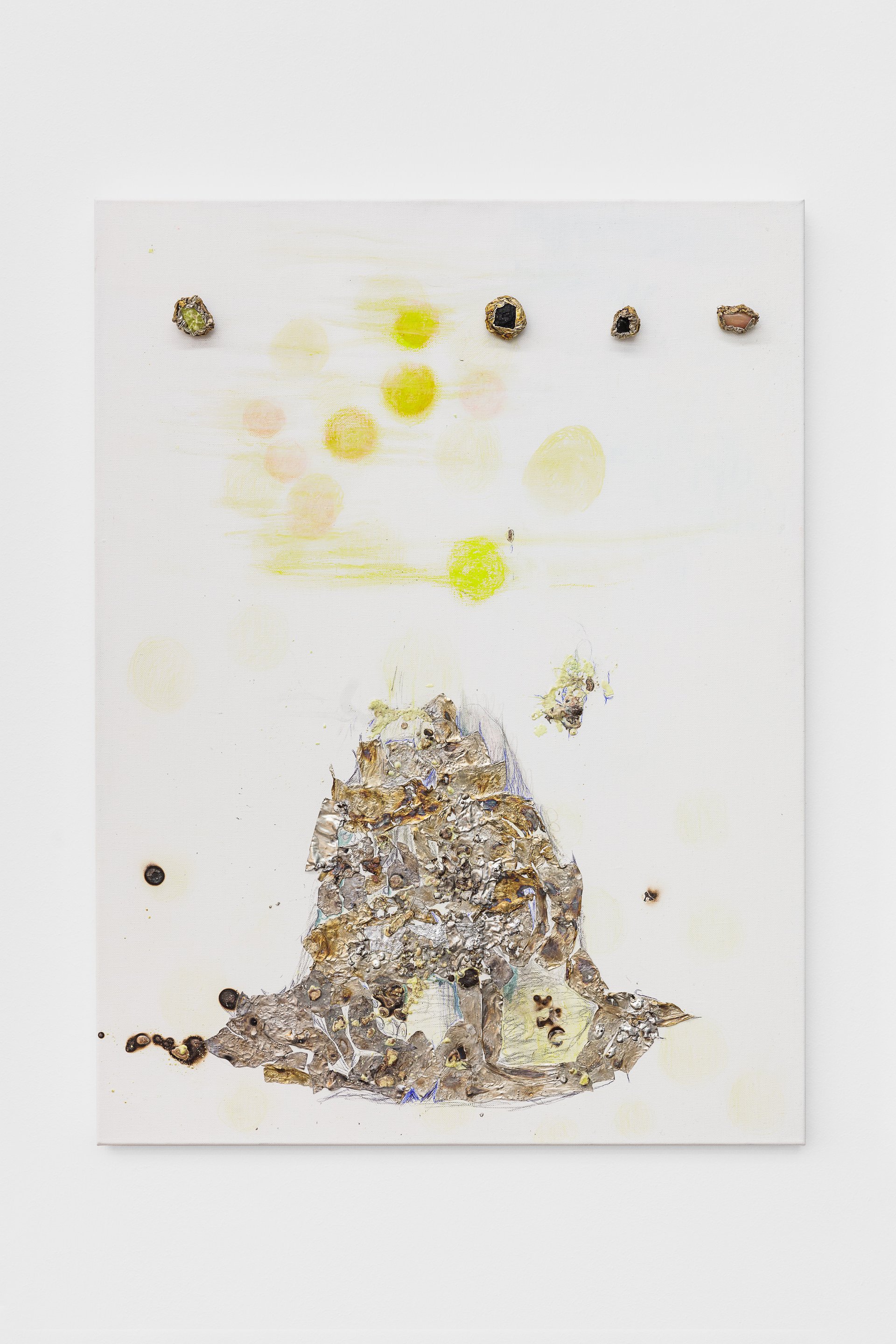 Josef StrauSphere&#x27;s Attack, 2023Sulfur, tin, pencil, acrylic, stone magnets on linen80 x 60 x 6 cm