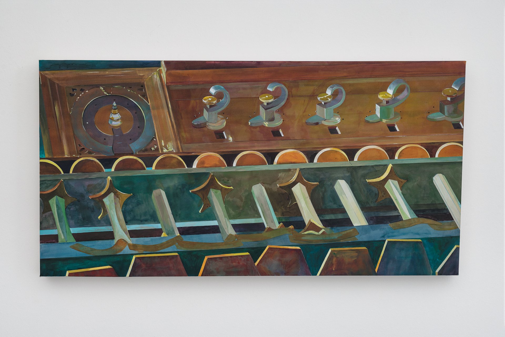 Leah Ke Yi ZhengLeibniz’s Machine, 2024Acrylic on silk over mahogany stretcher47 x 93.4 x 4.7 cmInstallation view, Leah Ke Yi Zheng, Machine(s), Layr Singerstraße, Vienna, 2025