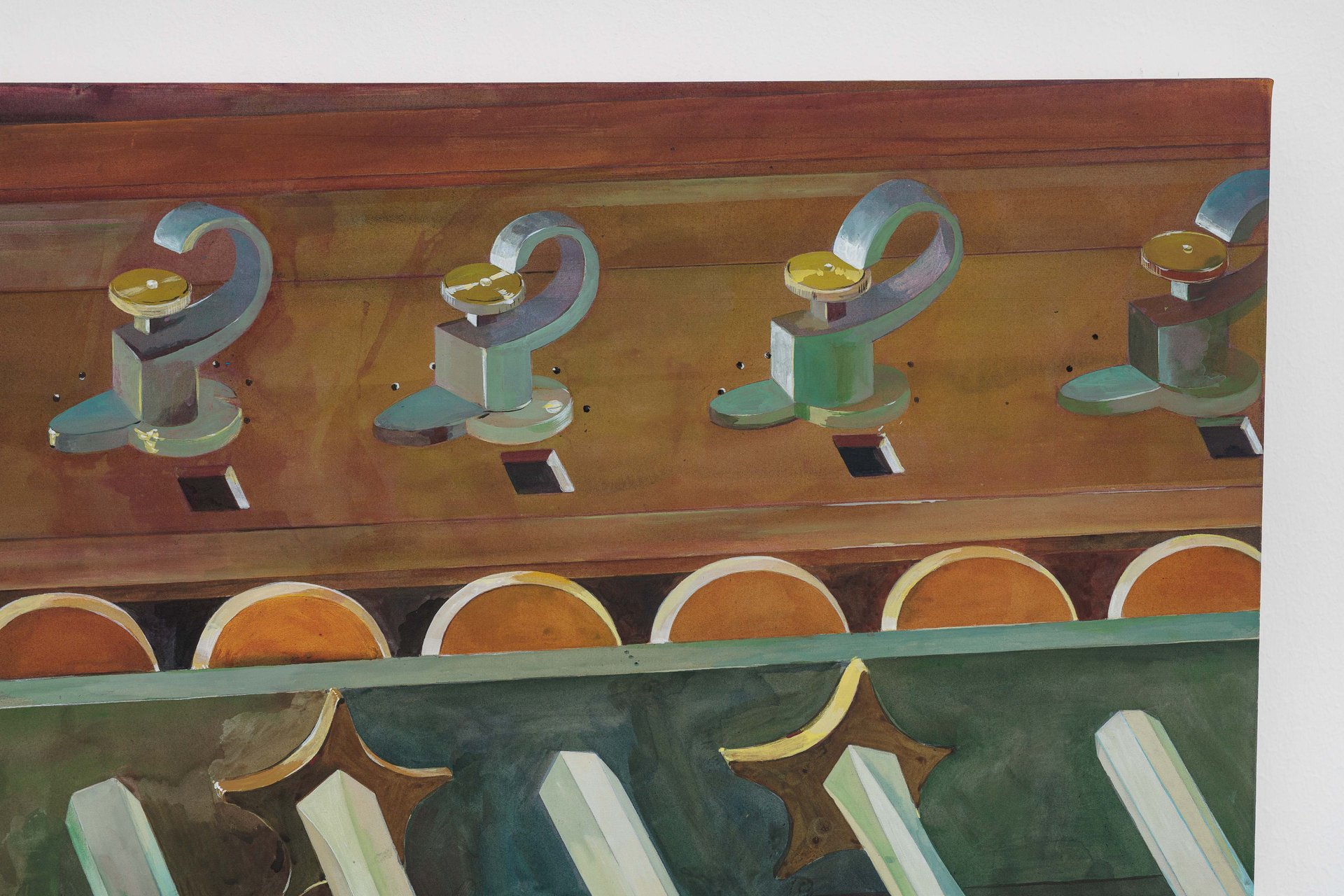 Leah Ke Yi ZhengLeibniz’s Machine, 2024 (detail)Acrylic on silk over mahogany stretcher47 x 93.4 x 4.7 cm