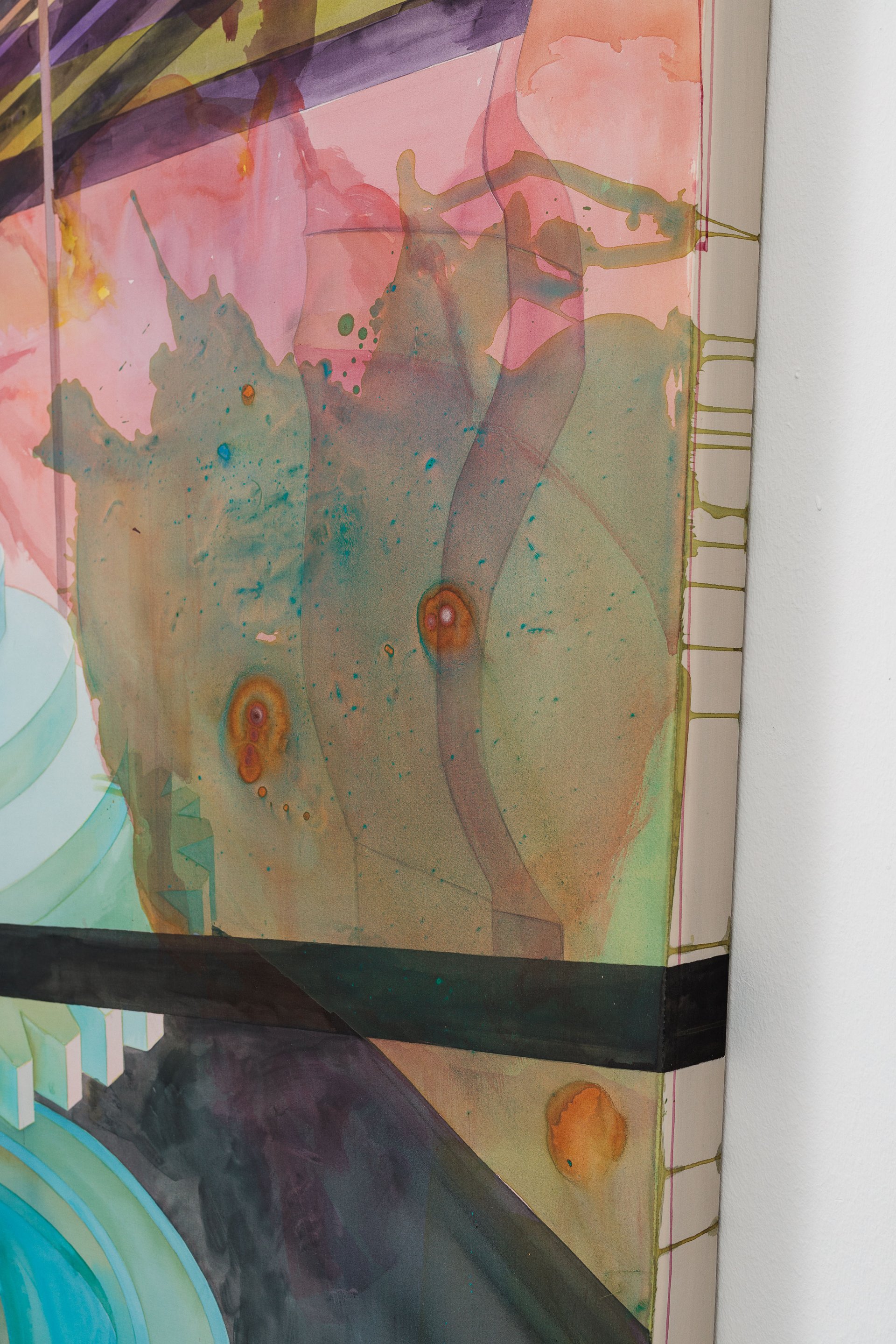 Leah Ke Yi ZhengUntitled, 2024 (detail)Acrylic on silk over mahogany stretcher171 x 212 x 5.6 cm
