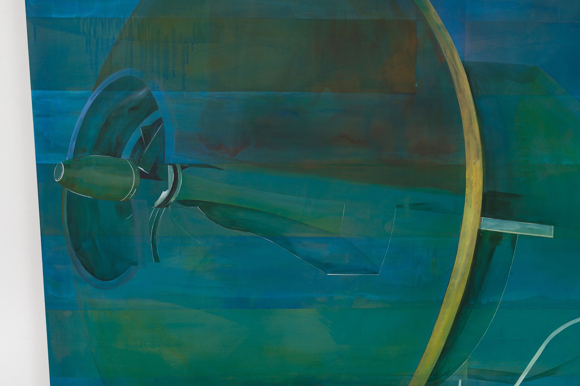 Leah Ke Yi ZhengUntitled (Machine), 2024 (detail)Acrylic on silk over mahogany stretcher161.2 x 177.4 x 5.7 cm