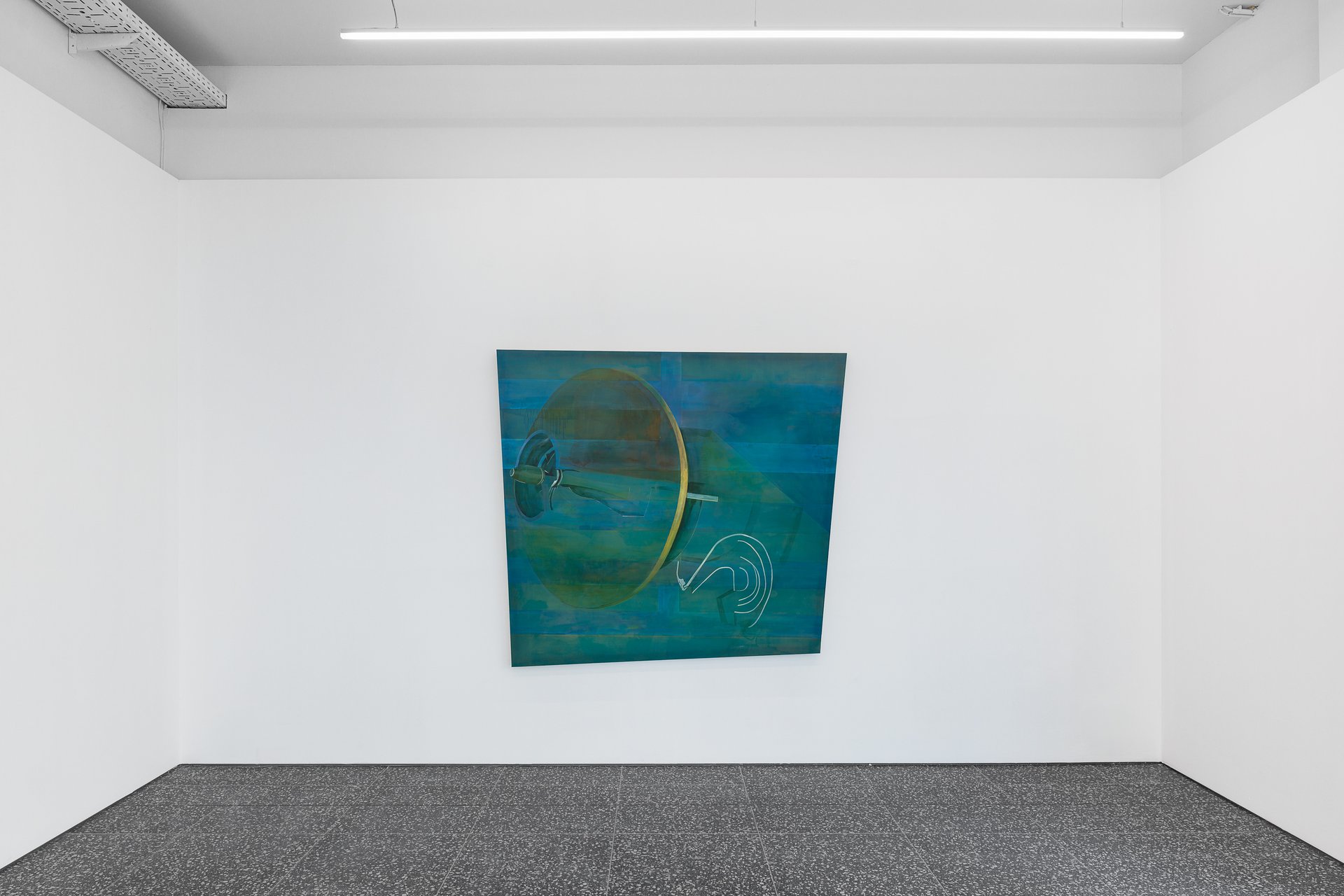 Leah Ke Yi ZhengUntitled (Machine), 2024Acrylic on silk over mahogany stretcher161.2 x 177.4 x 5.7 cmInstallation view, Leah Ke Yi Zheng, Machine(s), Layr Singerstraße, Vienna, 2025