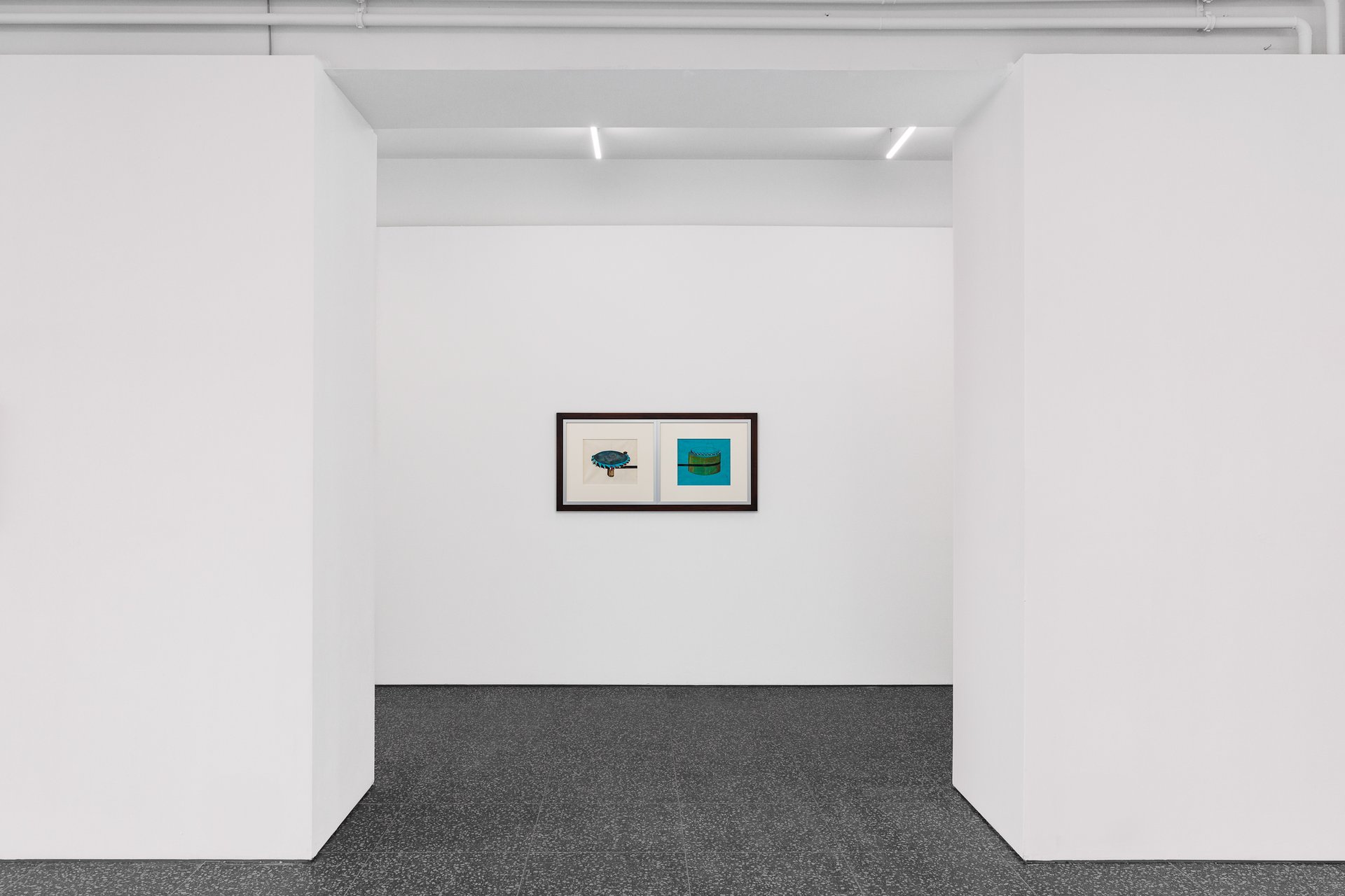 Leah Ke Yi ZhengUntitled (Split), 2024-25Acrylic on silk64 x 130 cm (framed dimensions)31.7 x 36.3 cm each silk (approx. dimensions)Installation view, Leah Ke Yi Zheng, Machine(s), Layr Singerstraße, Vienna, 2025