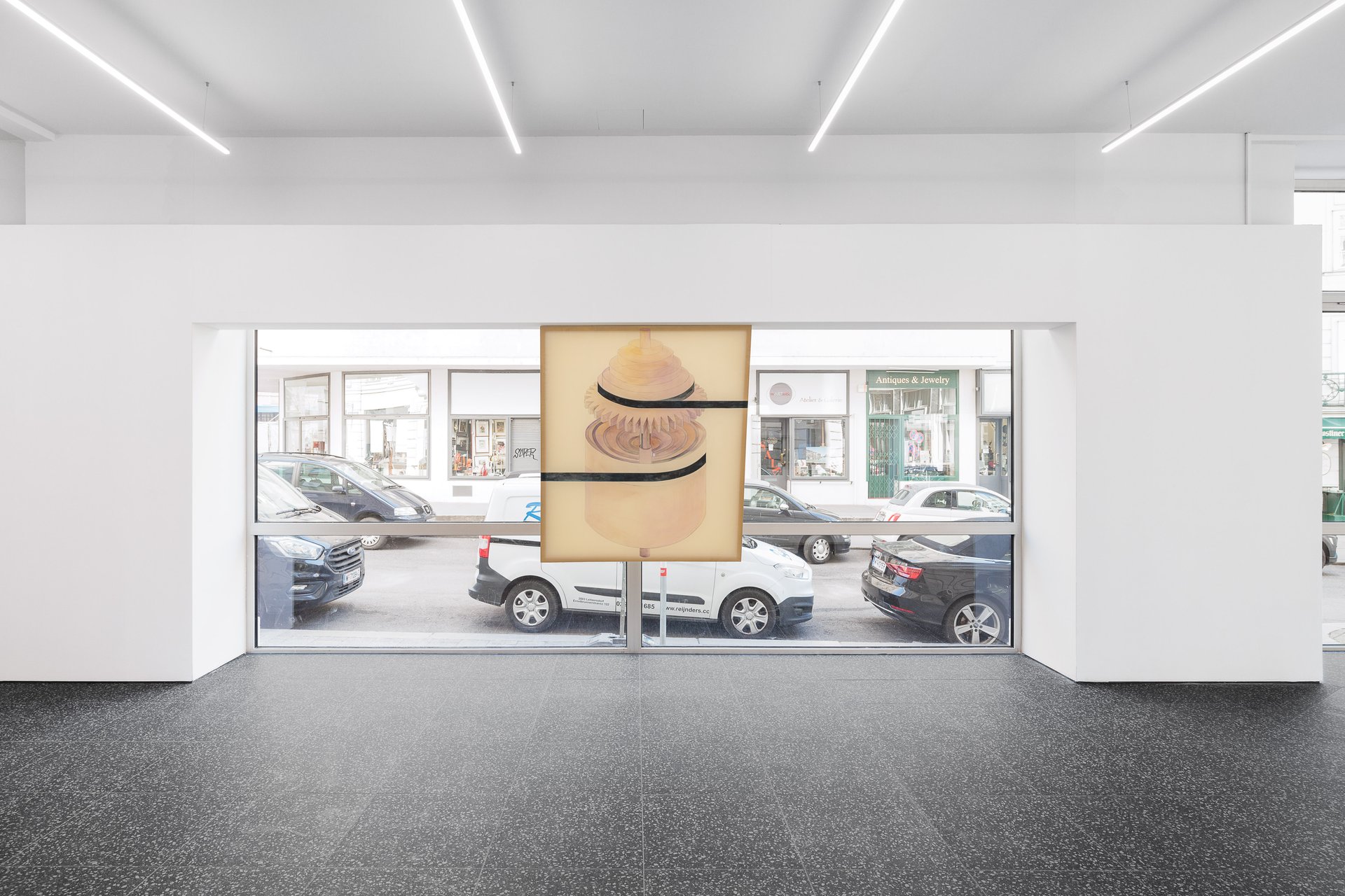 Leah Ke Yi ZhengUntitled, 2025Acrylic on silk over mahogany stretcher159.2 x 142 x 5.2 cmInstallation view, Leah Ke Yi Zheng, Machine(s), Layr Singerstraße, Vienna, 2025