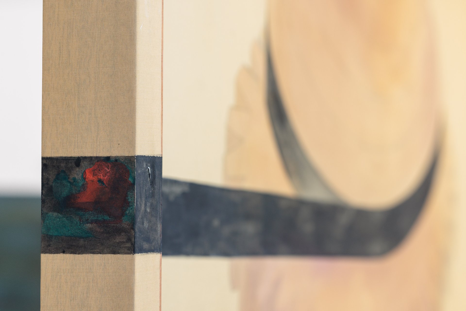 Leah Ke Yi ZhengUntitled, 2025 (detail)Acrylic on silk over mahogany stretcher159.2 x 142 x 5.2 cmInstallation view, Leah Ke Yi Zheng, Machine(s), Layr Singerstraße, Vienna, 2025