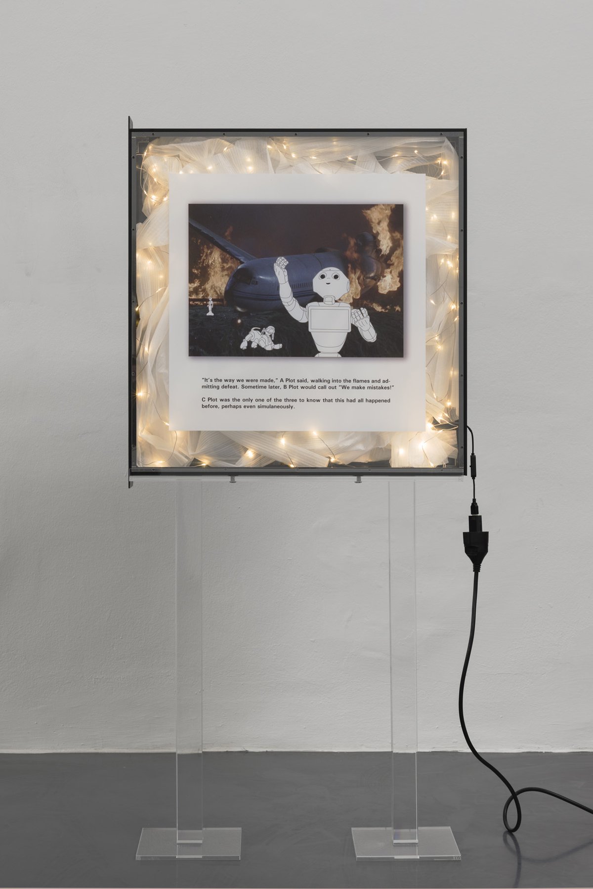 Cécile B. EvansTest card VIII, 2016Custom acrylic stands, anodized server case, UV media print on acrylic, foam gauze, LED light wire, cables143 x 66 x 20 cm