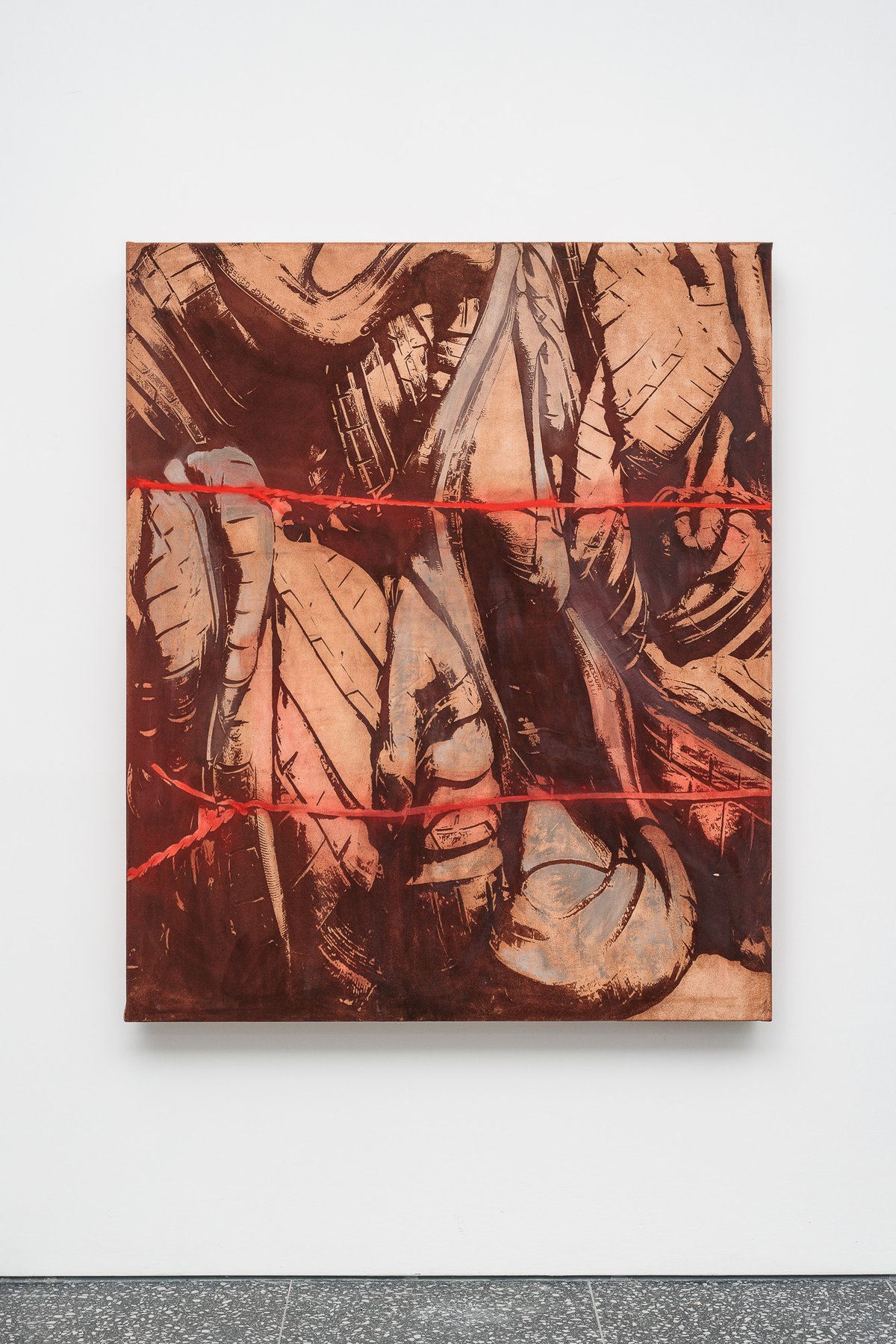 Lena HenkeCombustions 22 [Penetration damage], 2024Laser etched leather, pigment on wooden panel150 x 125 x 15 cm