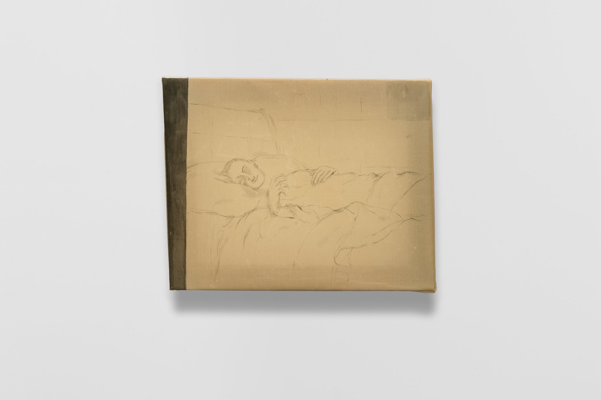 Leah Ke Yi ZhengUntitled (Man in bed of Roger de La Fresnaye), 2023Acrylic on silk over mahogany stretcher24.5 x 30.5 x 4.5 cm / 9 5/8 x 12 x 1 3/4 in