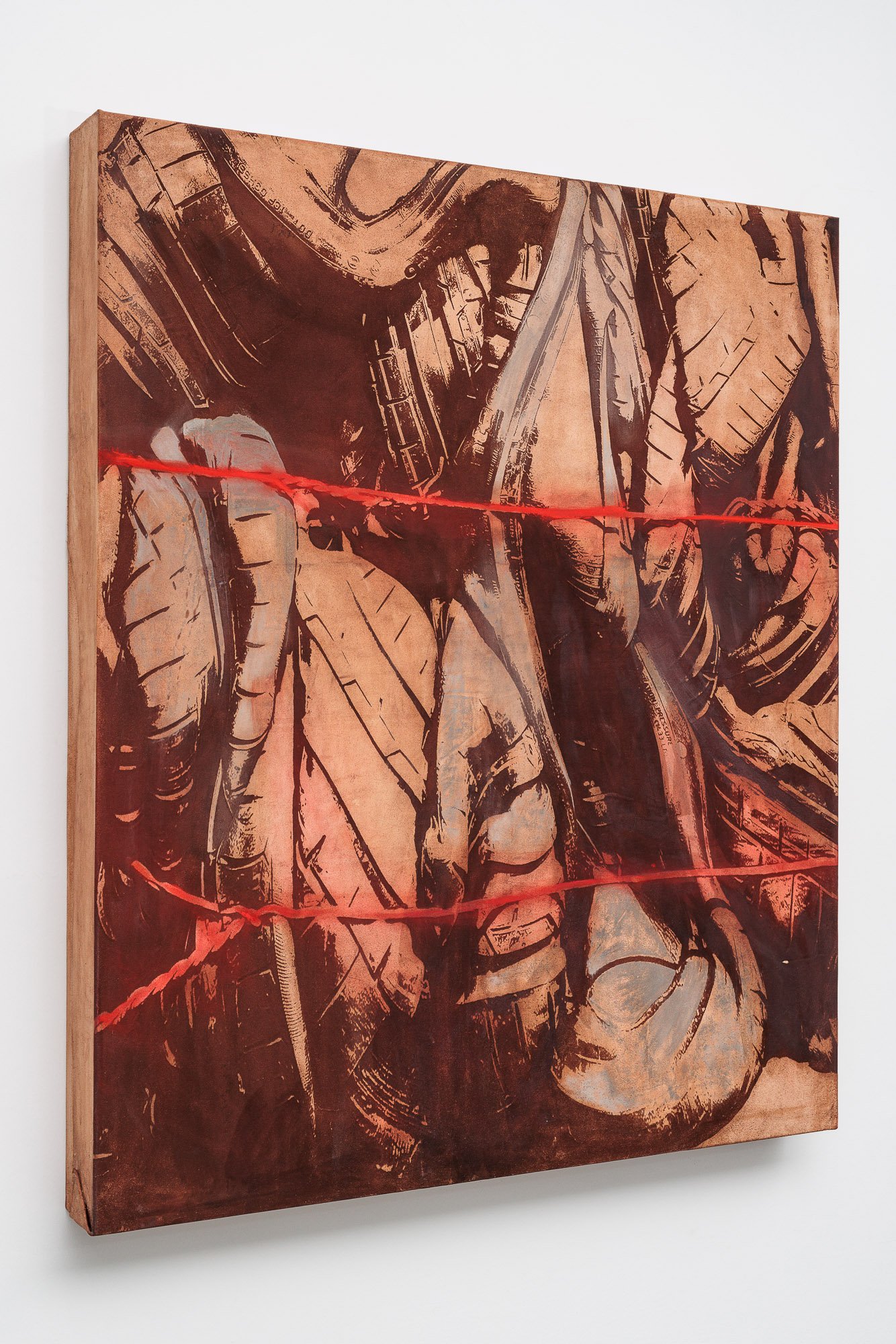 Lena HenkeCombustions 22 [Penetration damage], 2024Laser etched leather, pigment on wooden panel150 x 125 x 15 cm