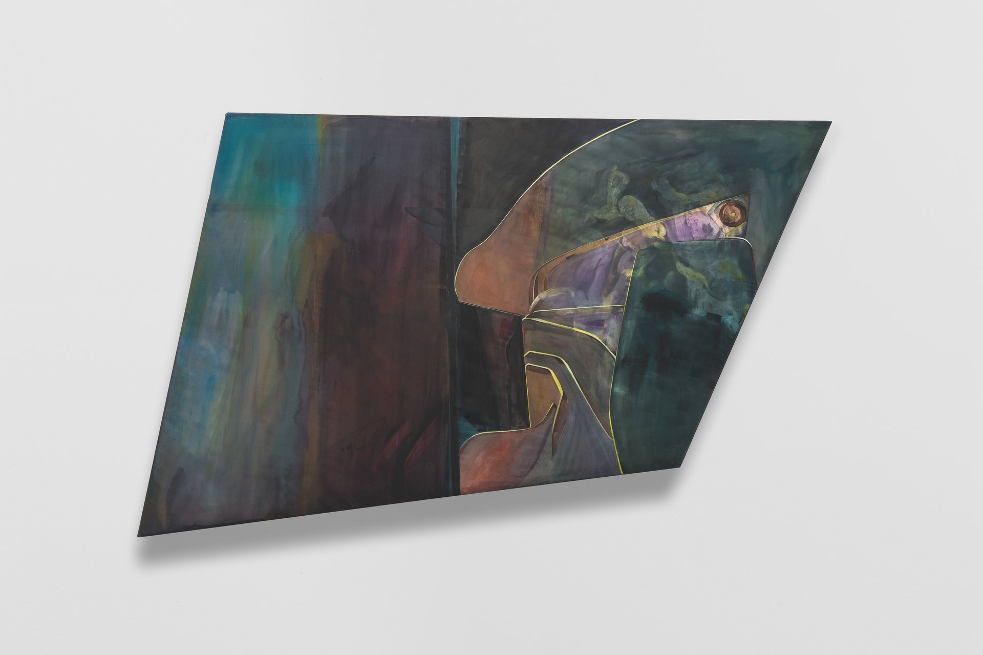 Leah Ke Yi ZhengUntitled, 2023Acrylic on silk over mahogany stretcher82.5 x 146 x 4.3 cm / 32 1/2 x 57 1/2 x 1 3/4 in