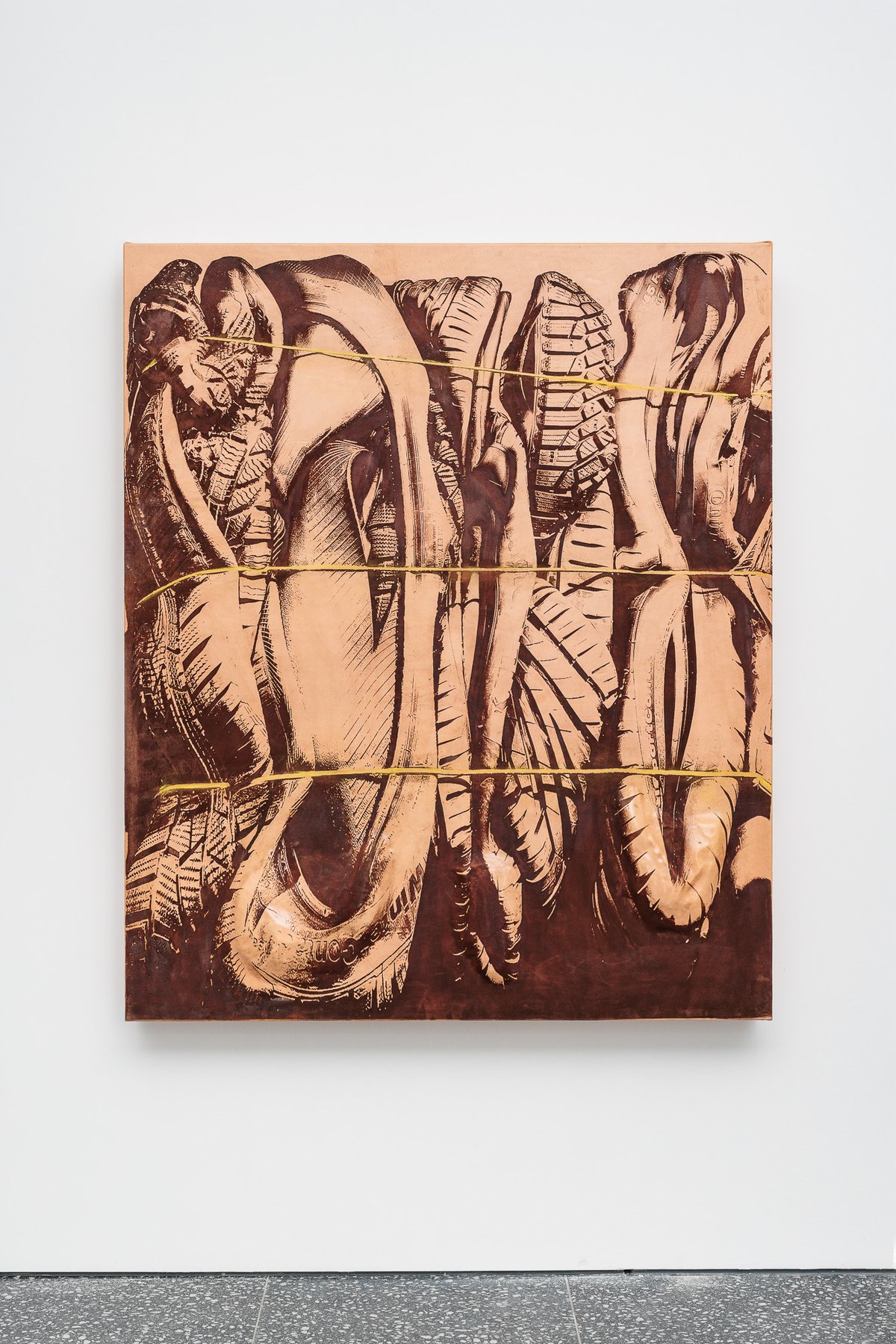 Lena HenkeLena Henke, Combustions 23 [Sidewall failure], 2024Laser etched leather, pigment on wooden panel150 x 125 x 15 cm