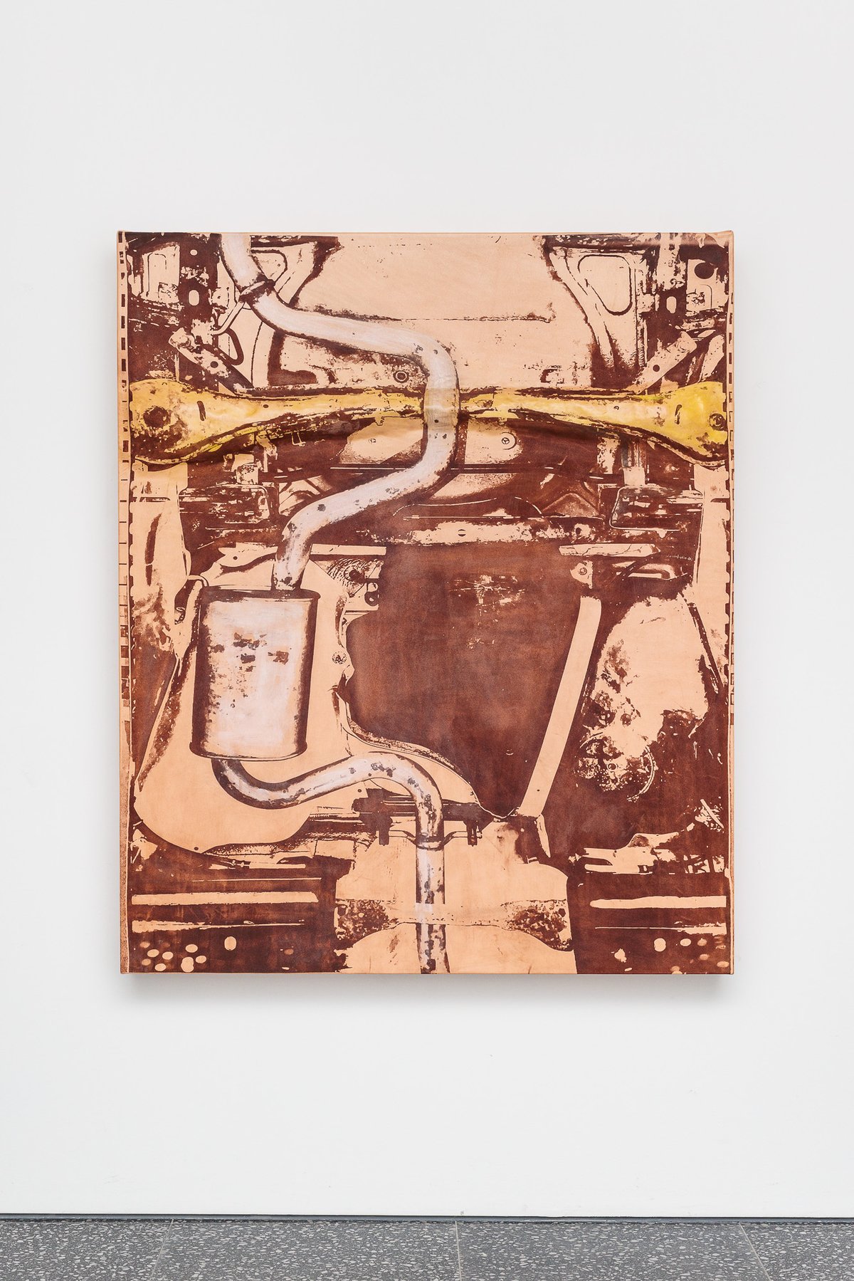 Lena HenkeLena Henke, Combustions 19 [The belly of my car], 2024Laser etched leather, pigment on wooden panel150 x 125 x 15 cm