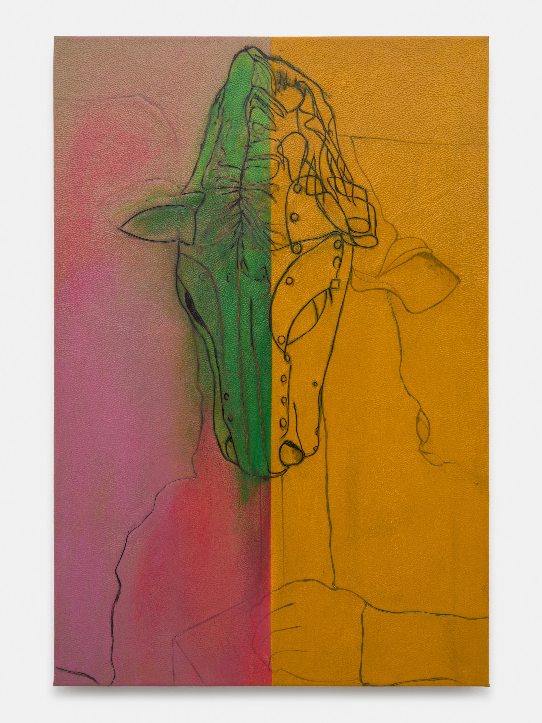 Lena HenkeCombustions, 2023Pigment on soldered leather on wood91.5 x 61 x 3.8 cm