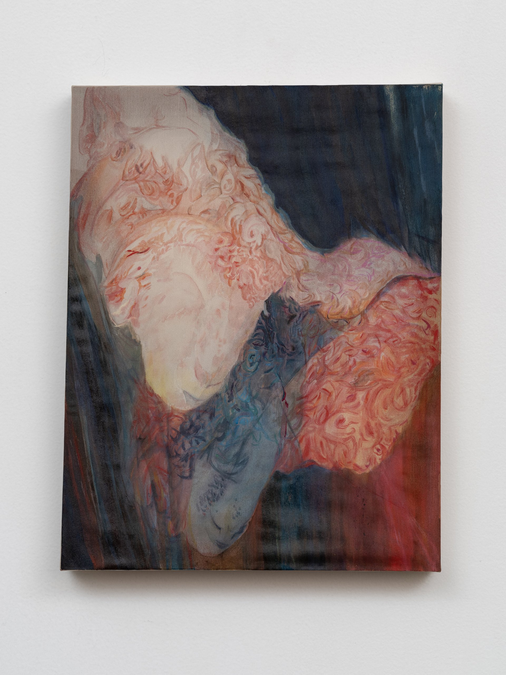 Leah Ke Yi ZhengUntitled (Ram), 2023Acrylic and pigments on silk over purpleheart wood artist stretcher10 ¾ x 14 in / 27.3 x 35.6cm
