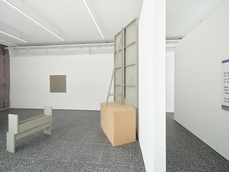 Installation, From left: Gaylen Gerber, Support, n.d., excerpts from Backdrop/A Staged Exhibition (Une exposition mise en scène), n.d., 2021, latex paint on theatrical props from La Ferme du Buisson, Noisiel, France, overall dimensions vary with installation; Gaylen Gerber, Support, n.d. damage, Gaylen Gerber, Untitled, n.d., oil on canvas, (conservation 2023), 96.5 x 96.5 cm (38 x 38 inches); Gaylen Gerber, Support, n.d., excerpts from Backdrop/A Staged Exhibition (Une exposition mise en scène), n.d., 2021, latex paint on theatrical props from La Ferme du Buisson, Noisiel, France, overall dimensions vary with installation; Gaylen Gerber with Donelle Woolford, Support/Ding Dang Dong, n.d., 2011, Bic pen, acrylic paint, and aqueous ink jet on paper pva-mounted on oil paint on canvas, United States, overall dimensions vary with installation (3 panels, 96.5 x 96.5 cm, 38 x 38 inches)