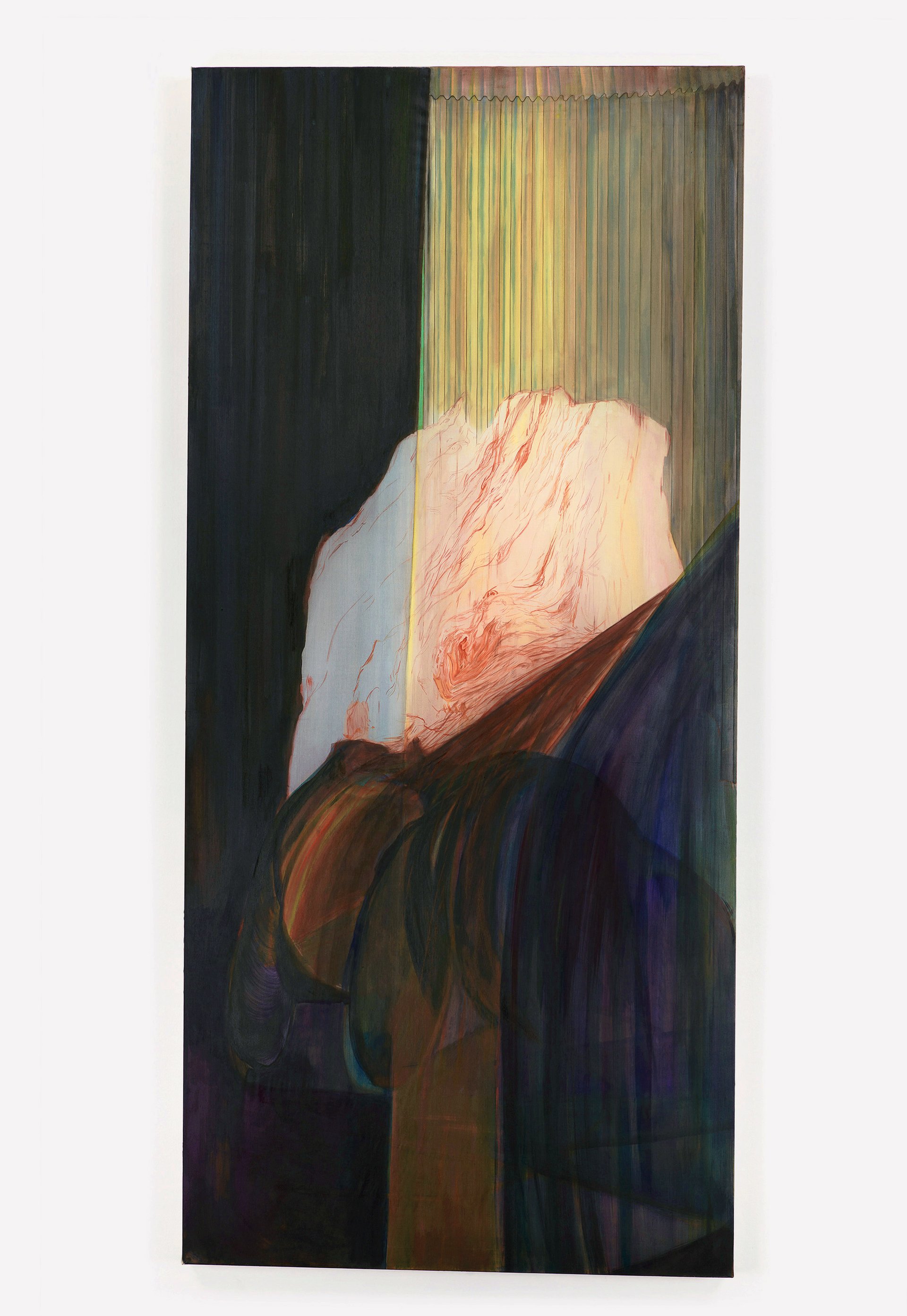 Leah Ke Yi ZhengUntitled (Tree.Machine), 2022Pigments, acrylic and pencil on silk over mahogany artist stretcher32 x 69 3/4 in / 81.3 x 177.2 cm