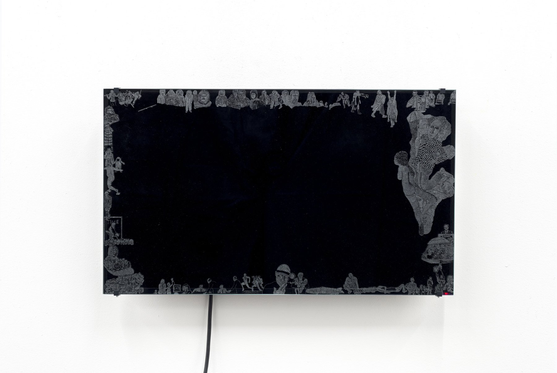 Niklas LichtiDas Jahr des Affen, 2017Flatscreen, engraving on glass41.5 x 71.5 x 6.5 cm