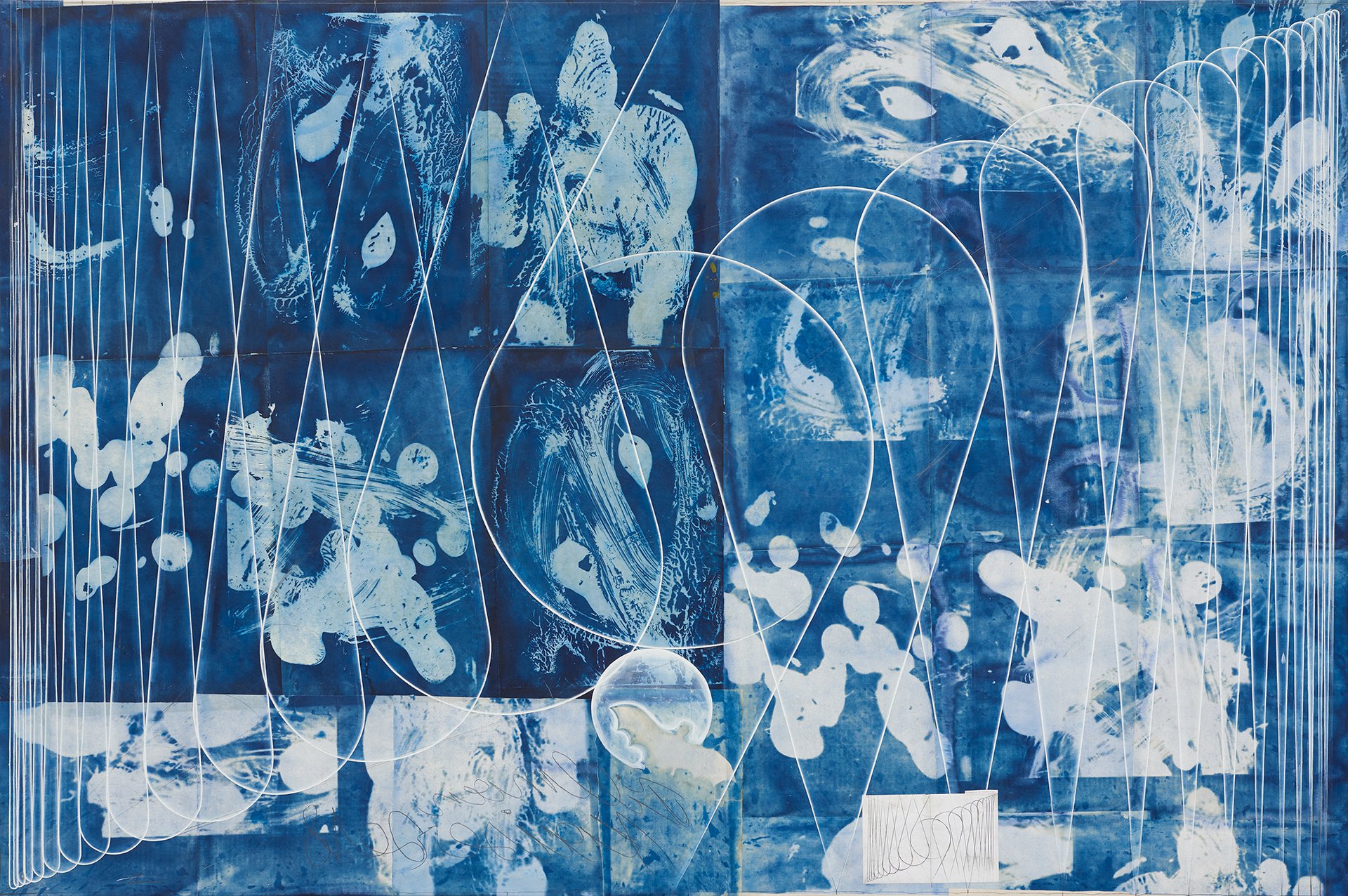Tillman KaiserUntitled, 2018Cyanotype and egg tempera on paper on canvas200 x 300 cm