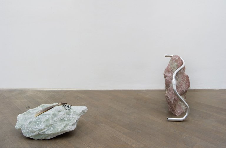 (left)Marie LundBeginning Happening (Fig. 4), 2011Soapstone and shoehorn18 x 45 x 20 cm(right)Marie LundBeginning Happening (Fig. 8), 2011Soapstone and handlebar48 x 38 x 25 cm