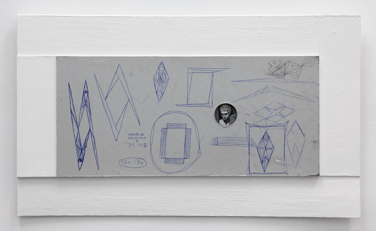 Tillman KaiserHermetische Melancholie II, 2013Ballpoint pen, collage, glass on cardboard49.5 x 85 cm