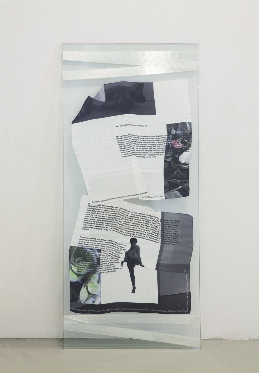 Lili Reynaud-DewarUntitled, 2015Digital print on silk scarf, glass panels, duct tape180 x 85 cm