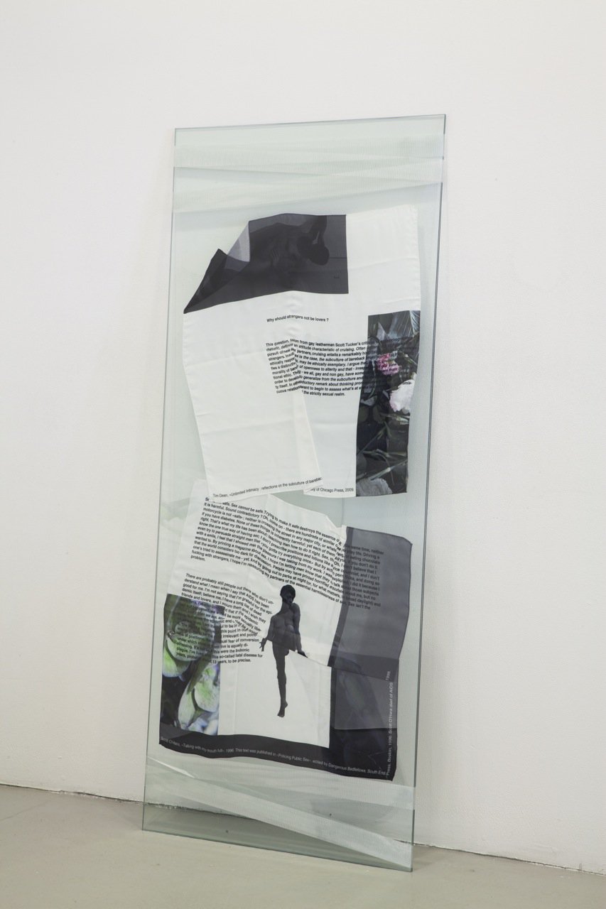 Lili Reynaud-DewarUntitled, 2015Digital print on silk scarf, glass panels, duct tape180 x 85 cm